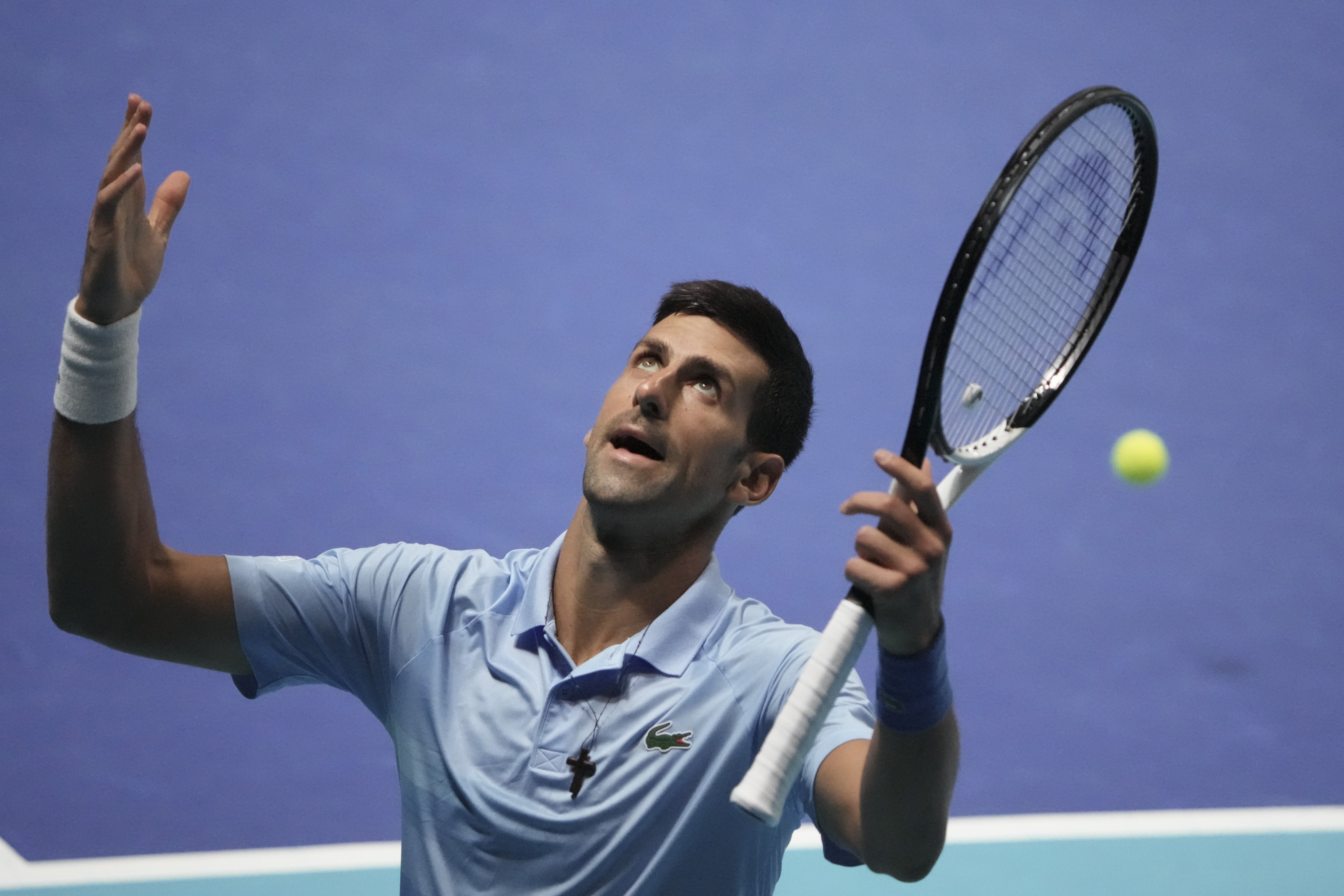 Serbia's Novak Djokovic celebrates a point during the final tennis match against Croatia's Marin Cilic of the ATP 250 Tel Aviv open in Tel Aviv, Israel, Sunday, Oct. 2, 2022. (AP Photo/Ariel Schalit)