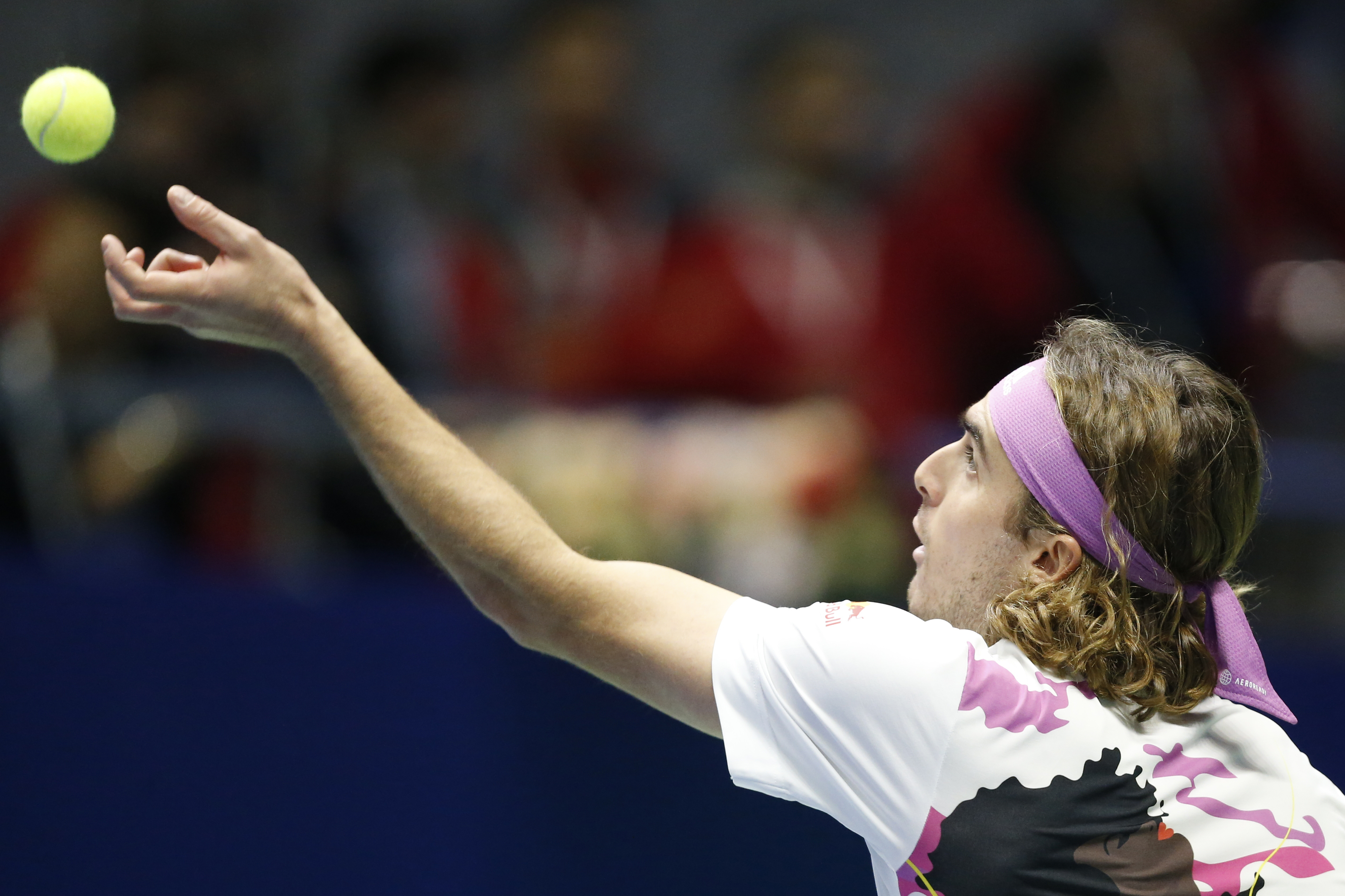 Stefanos Tsitsipas of Greece serves during the ATP 500 Astana Open tennis tournament semi-final match against Andrey Rublev of Russia in Astana, Kazakhstan, Saturday, Oct. 8, 2022. (AP Photo/Stas Filippov)