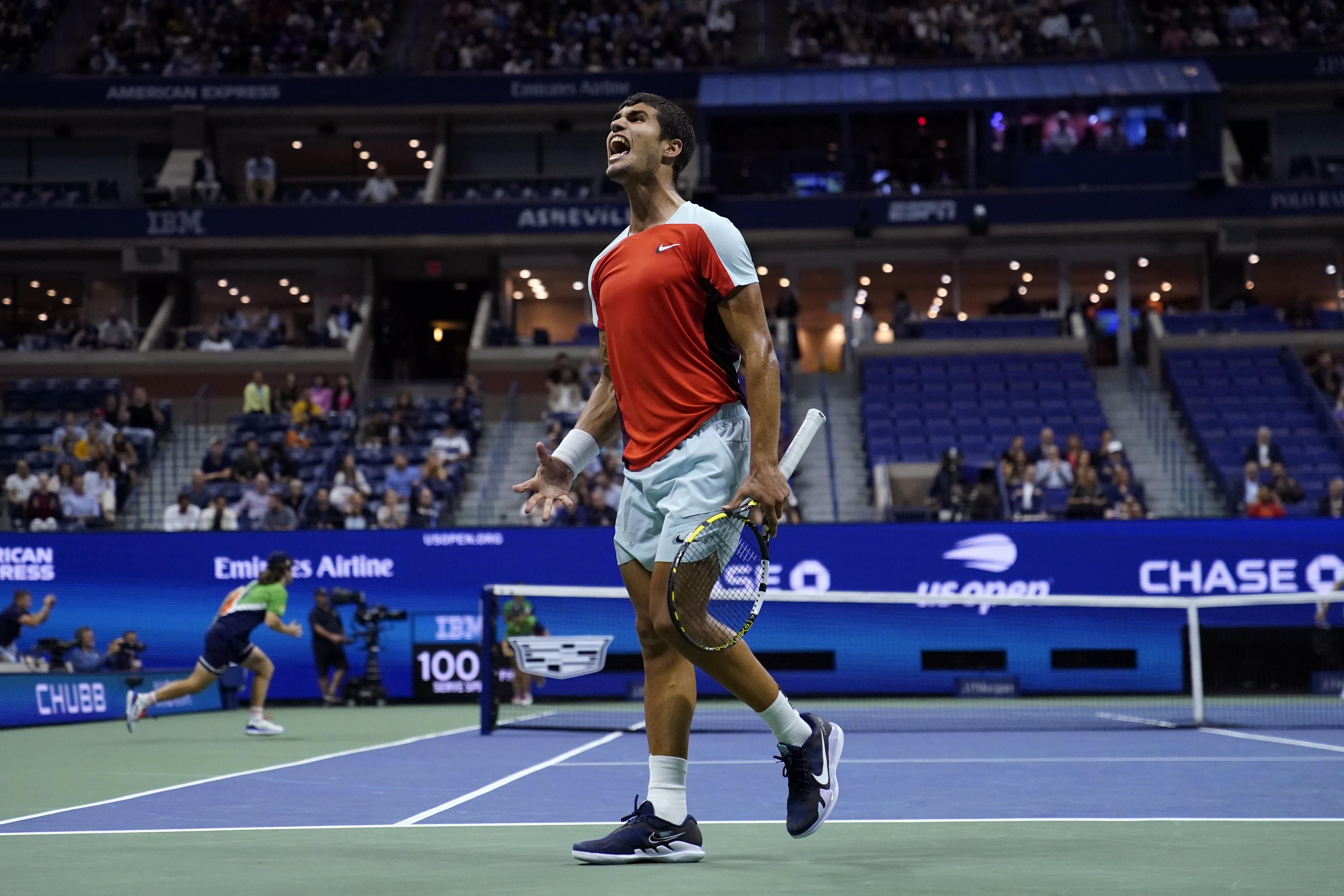 Carlos Alcaraz, of Spain, yells after winning a point against Jannik Sinner, of Italy, during the quarterfinals of the U.S. Open tennis championships, Thursday, Sept. 8, 2022, in New York. (AP Photo/Julia Nikhinson)