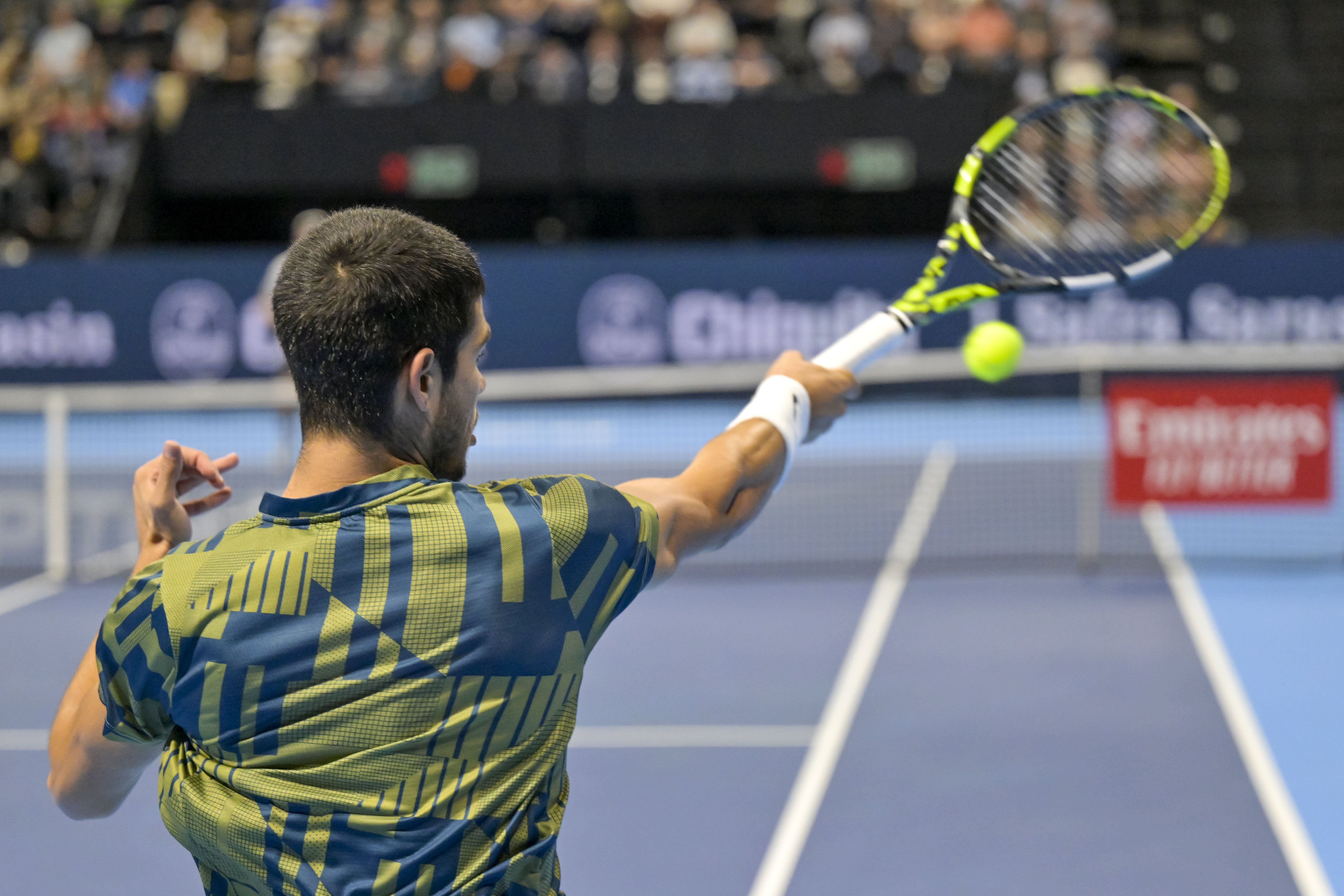 epa10267698 Spain's Carlos Alcaraz in action during his match against Botic van de Zandschulp from the Netherlands at the Swiss Indoors tennis tournament in Basel, Switzerland, 26 October 2022.  EPA-EFE/GEORGIOS KEFALAS
