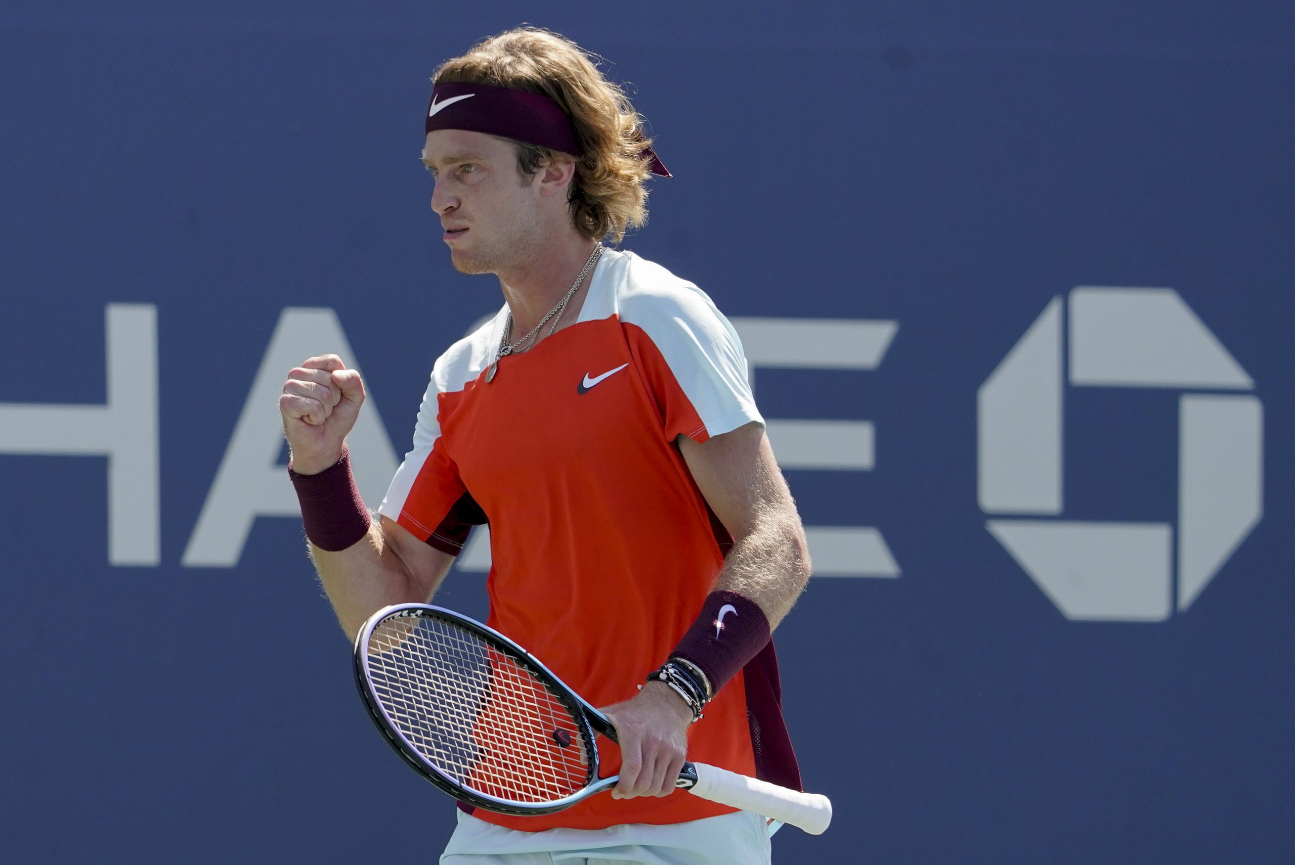 Andrey Rublev, of Russia, reacts after winning a point against Laslo Djere, of Serbia, during the first round of the US Open tennis championships, Tuesday, Aug. 30, 2022, in New York. (AP Photo/Mary Altaffer)