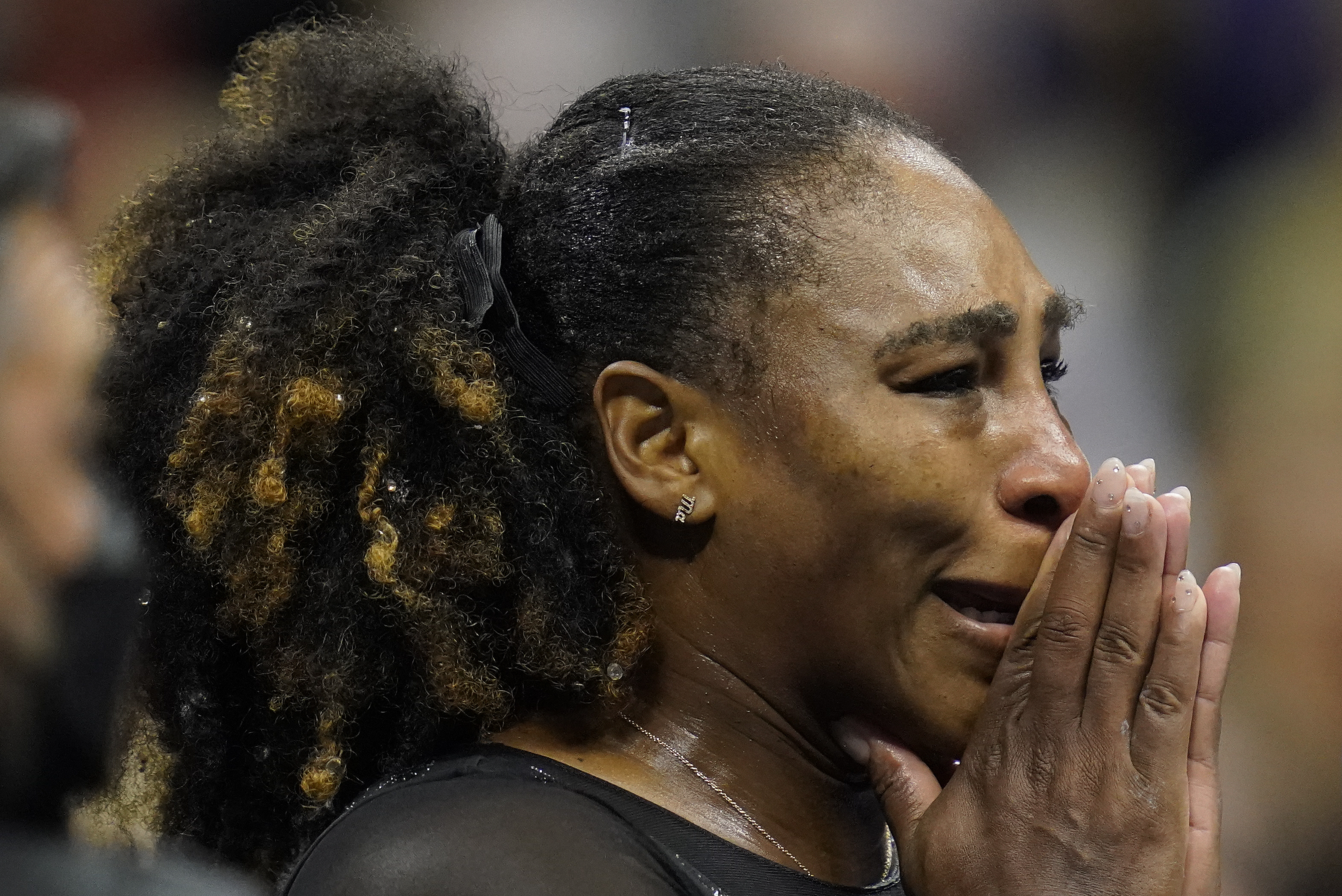 Serena Williams, of the United States, reacts after losing to Ajla Tomljanovic, of Austrailia, in the third round of the U.S. Open tennis championships, Friday, Sept. 2, 2022, in New York. (AP Photo/Charles Krupa)