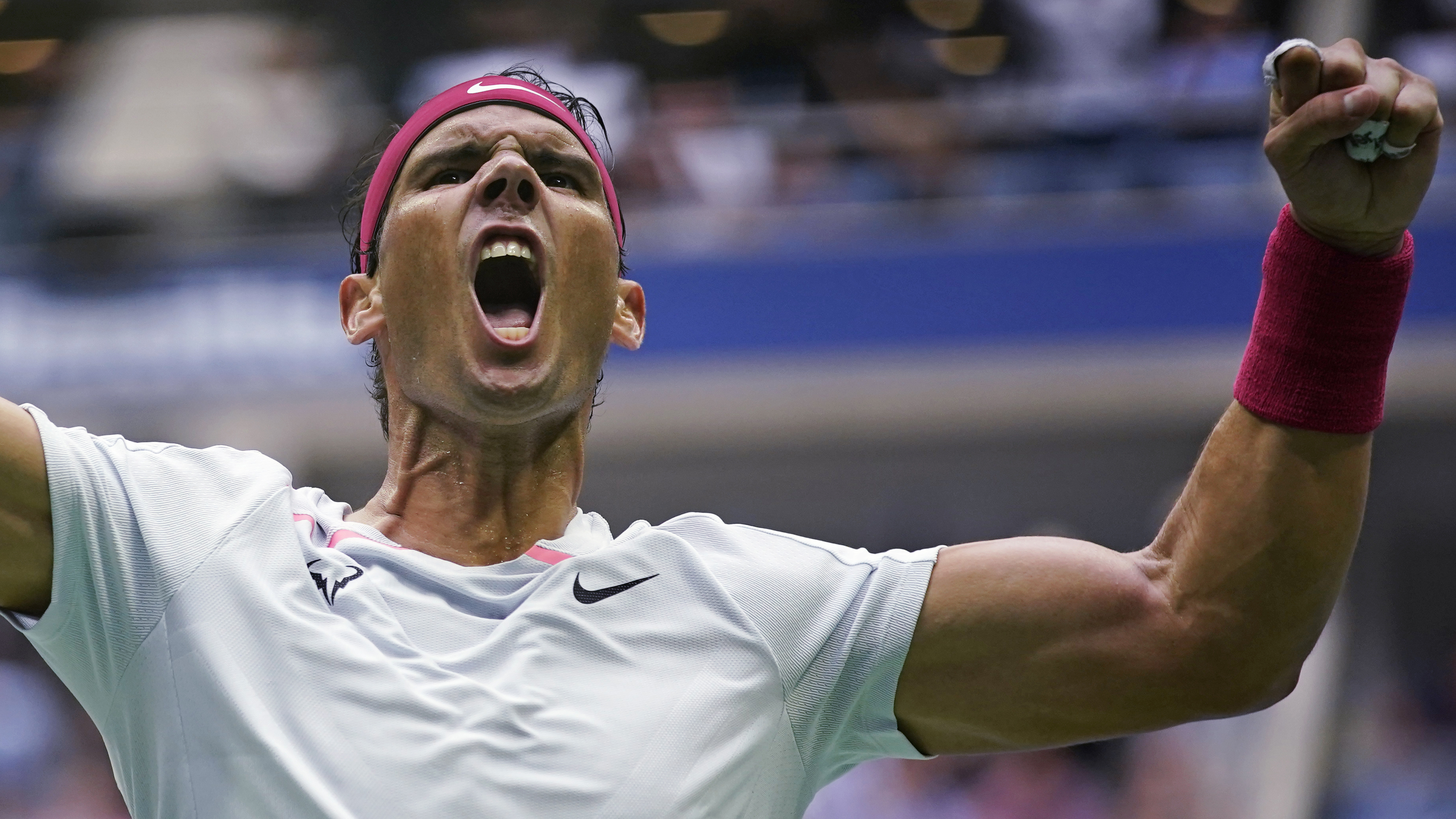 Rafael Nadal, of Spain, celebrates after winning a point against Frances Tiafoe, of the United States, during the fourth round of the U.S. Open tennis championships, Monday, Sept. 5, 2022, in New York. (AP Photo/Eduardo Munoz Alvarez)