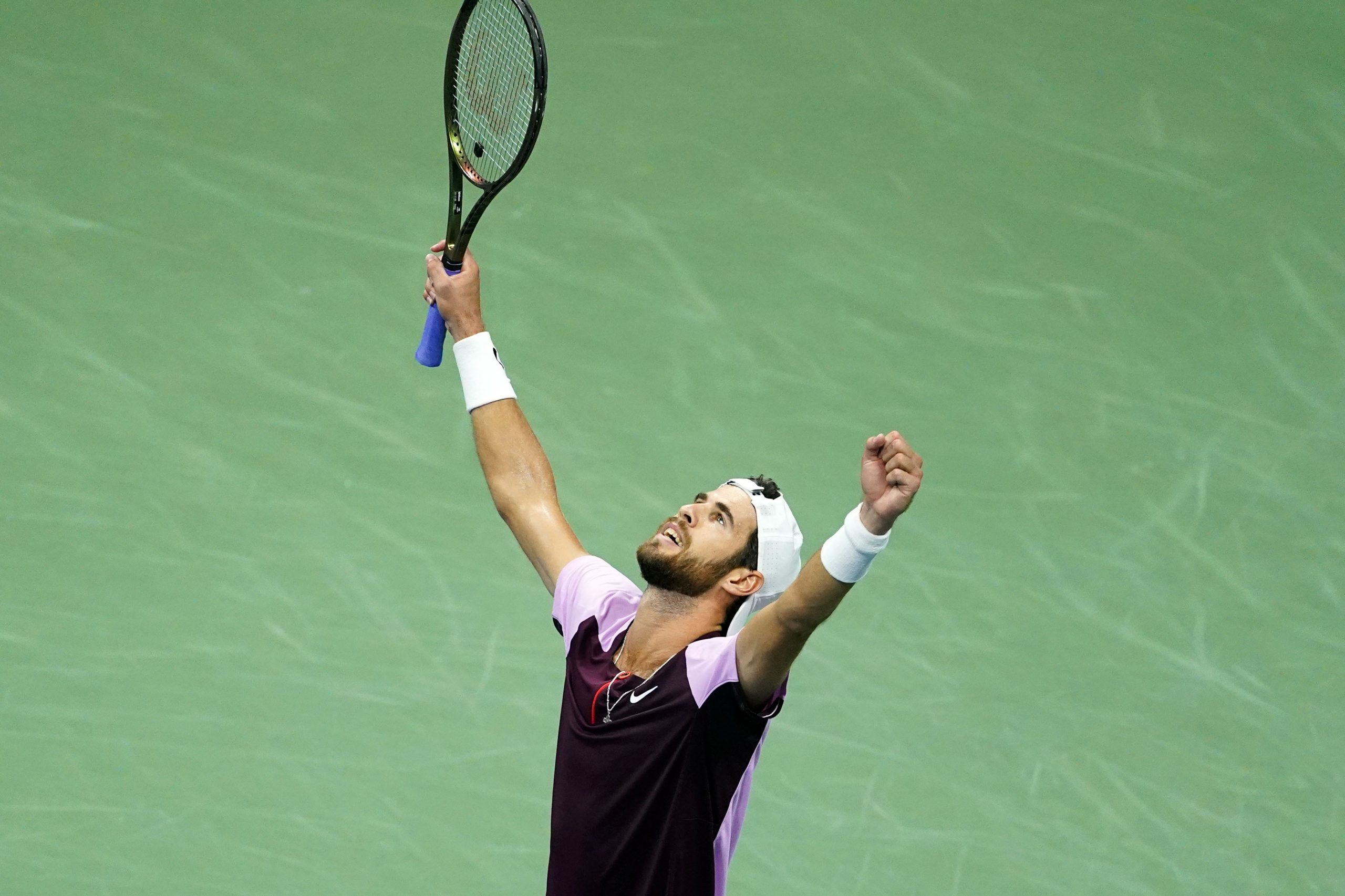 Karen Khachanov, of Russia, celebrates after defeating Nick Kyrgios, of Australia, during the quarterfinals of the U.S. Open tennis championships, Wednesday, Sept. 7, 2022, in New York. (AP Photo/Frank Franklin II)