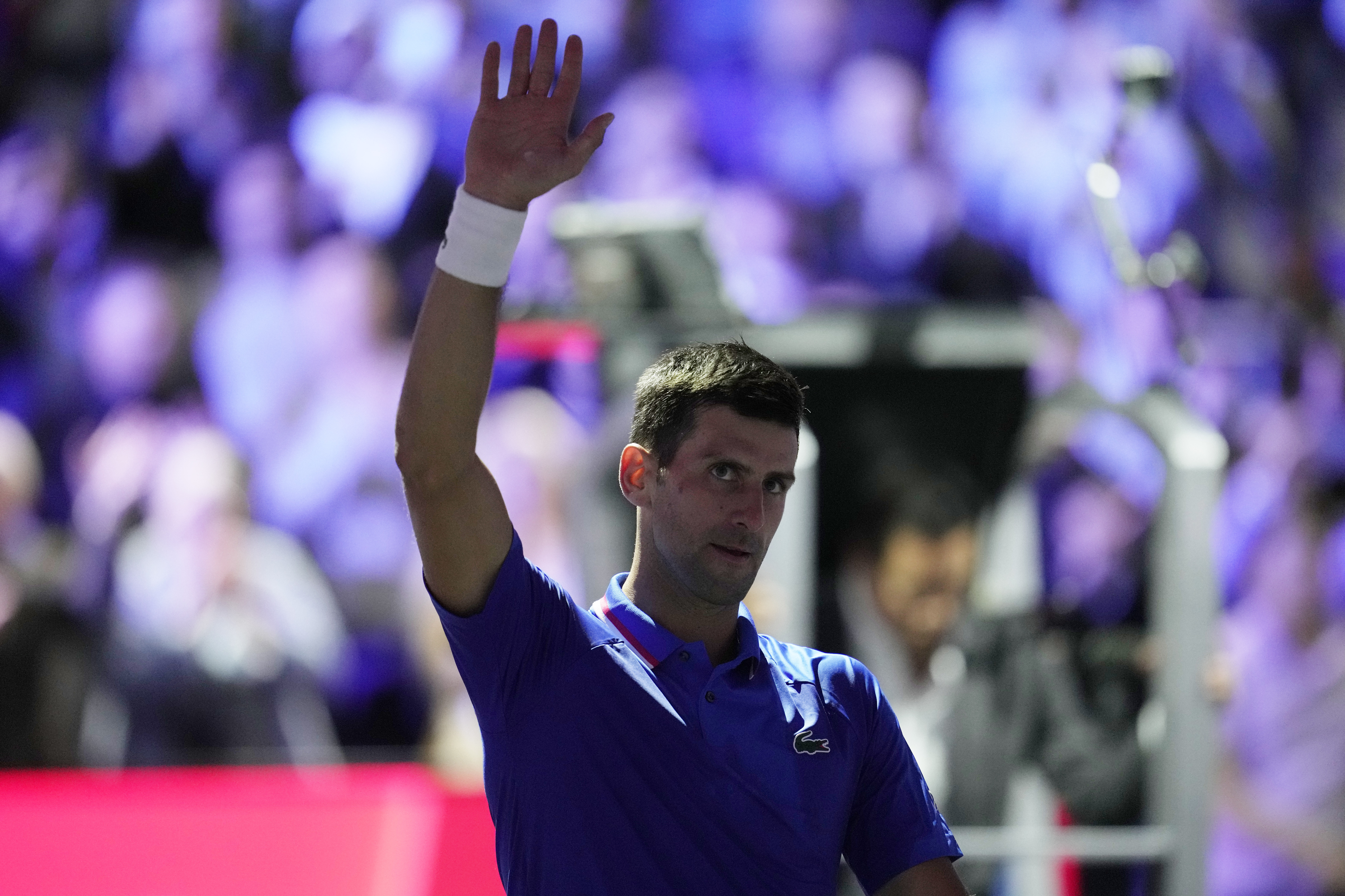 Team Europe's Novak Djokovic, celebrates after winning a match against Team World's Frances Tiafoe on second day of the Laver Cup tennis tournament at the O2 in London, Saturday, Sept. 24, 2022. (AP Photo/Kin Cheung)