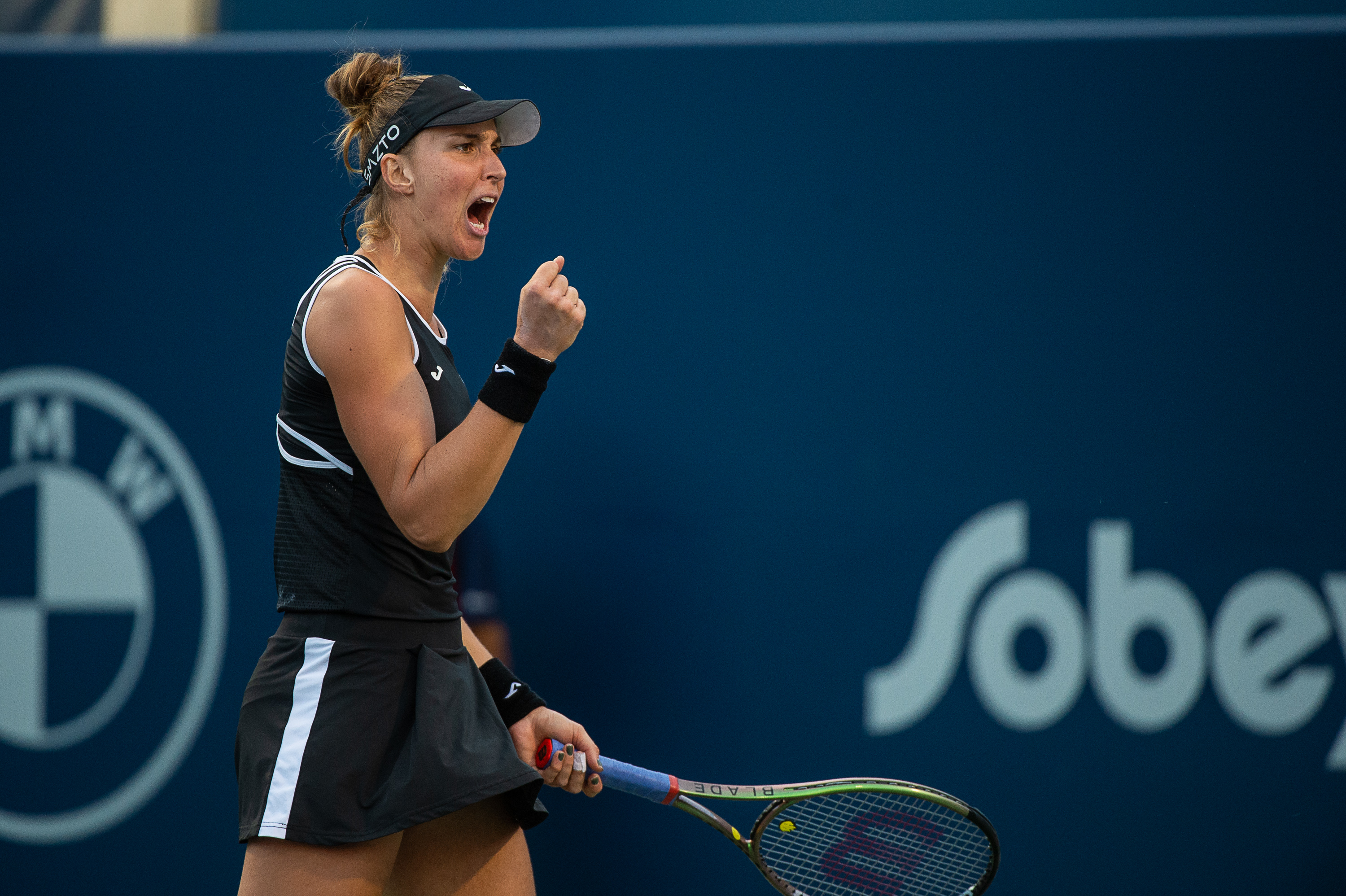 epa10119946 Beatriz Haddad Maia of Brazil celebrates a point against Karolina Pliskova of the Czech Republic during the women's semi-final of the National Bank Open tennis tournament in Toronto, Canada, 13 August 2022.  EPA-EFE/EDUARDO LIMA