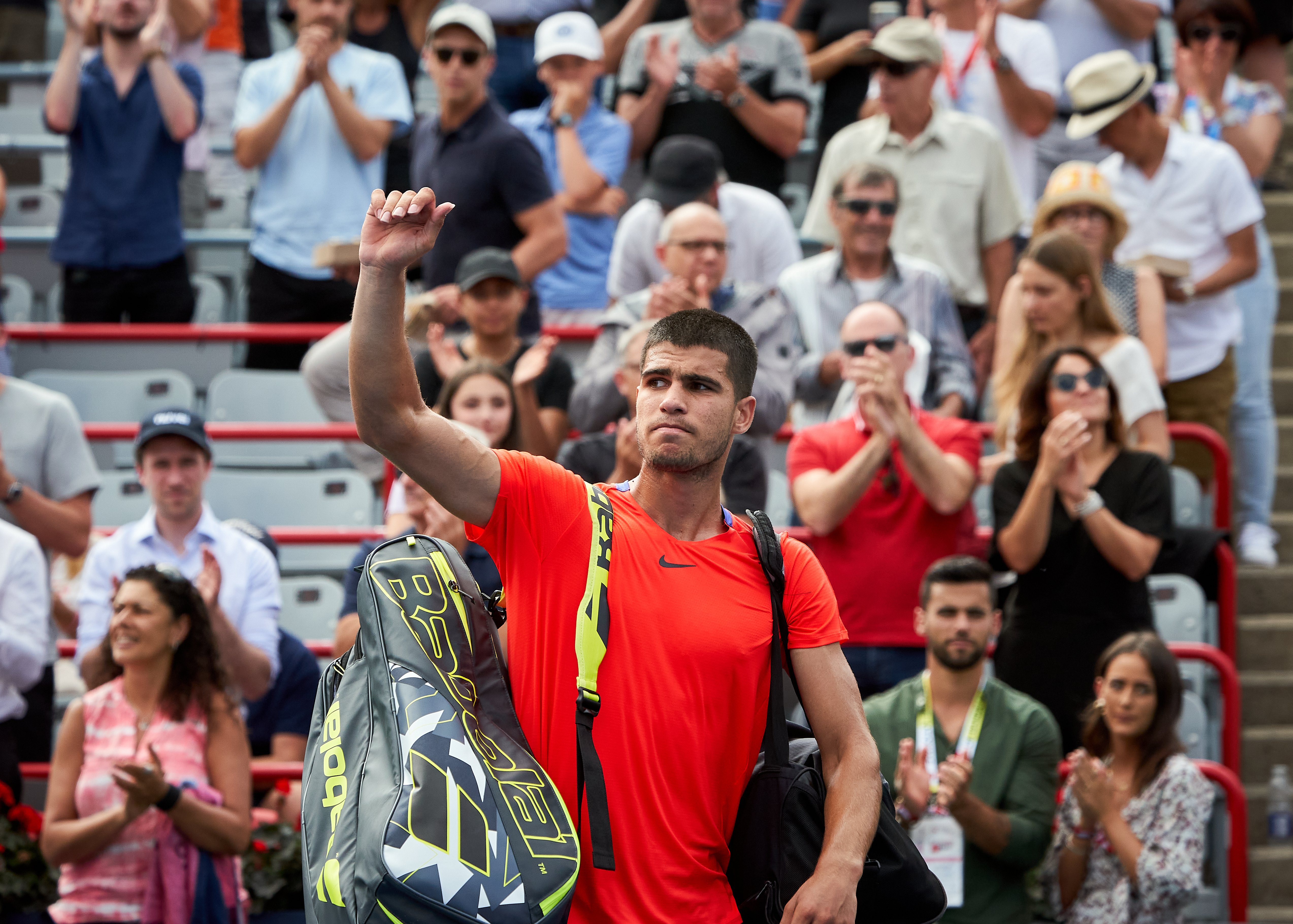 epa10114594 Carlos Alcaraz of Spain reacts after losing to Tommy Paul of the US during the men's ATP National Bank Open tennis tournament in Montreal, Canada, 10 August 2022.  EPA-EFE/ANDRE PICHETTE