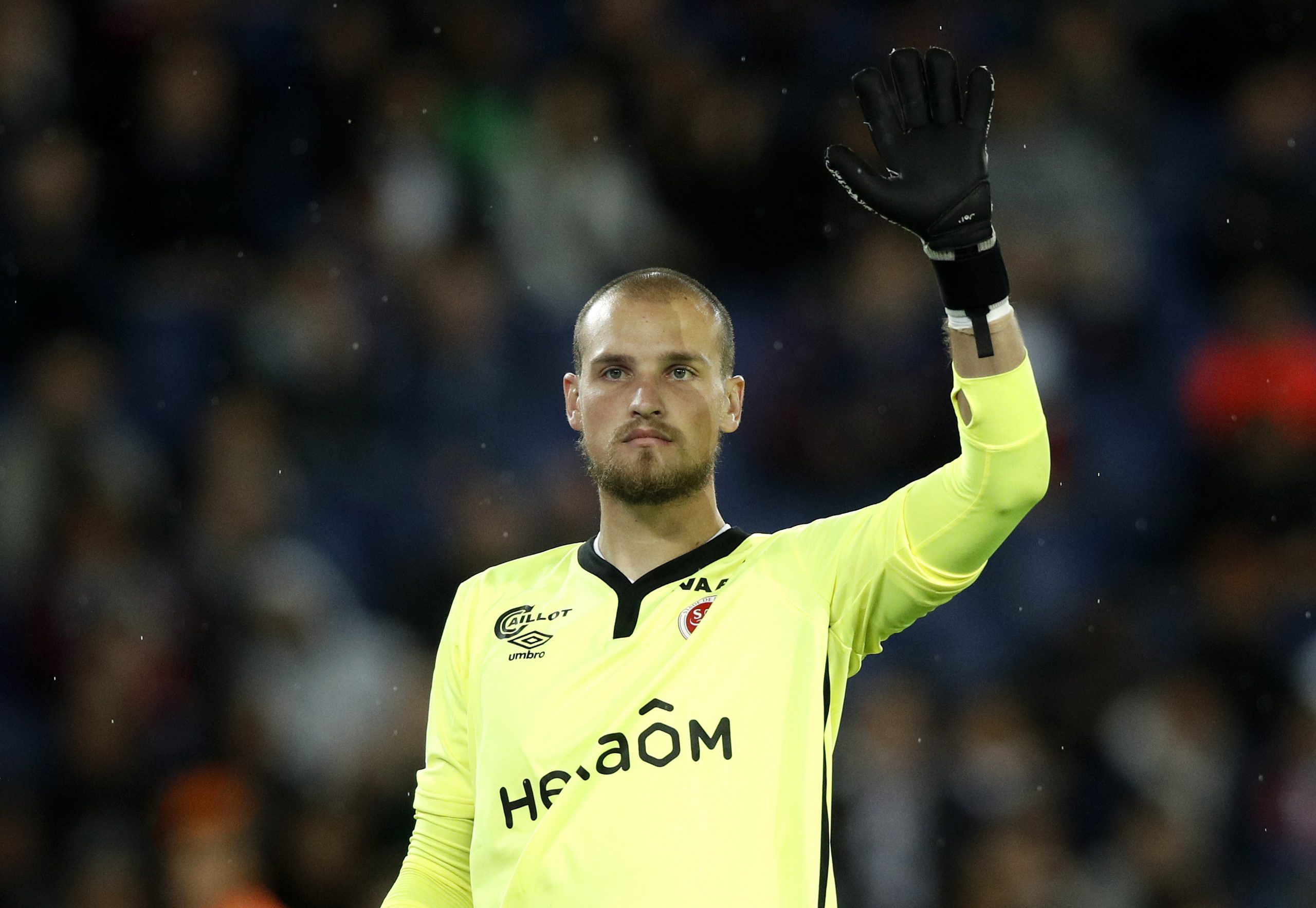 epa07869372 Predrag Rajkovic of Reims reacts during the French Ligue 1 soccer match, Paris Saint Germain vs Stade de Reims at the Parc des Princes stadium in Paris, France, 25 September 2019.  EPA-EFE/YOAN VALAT