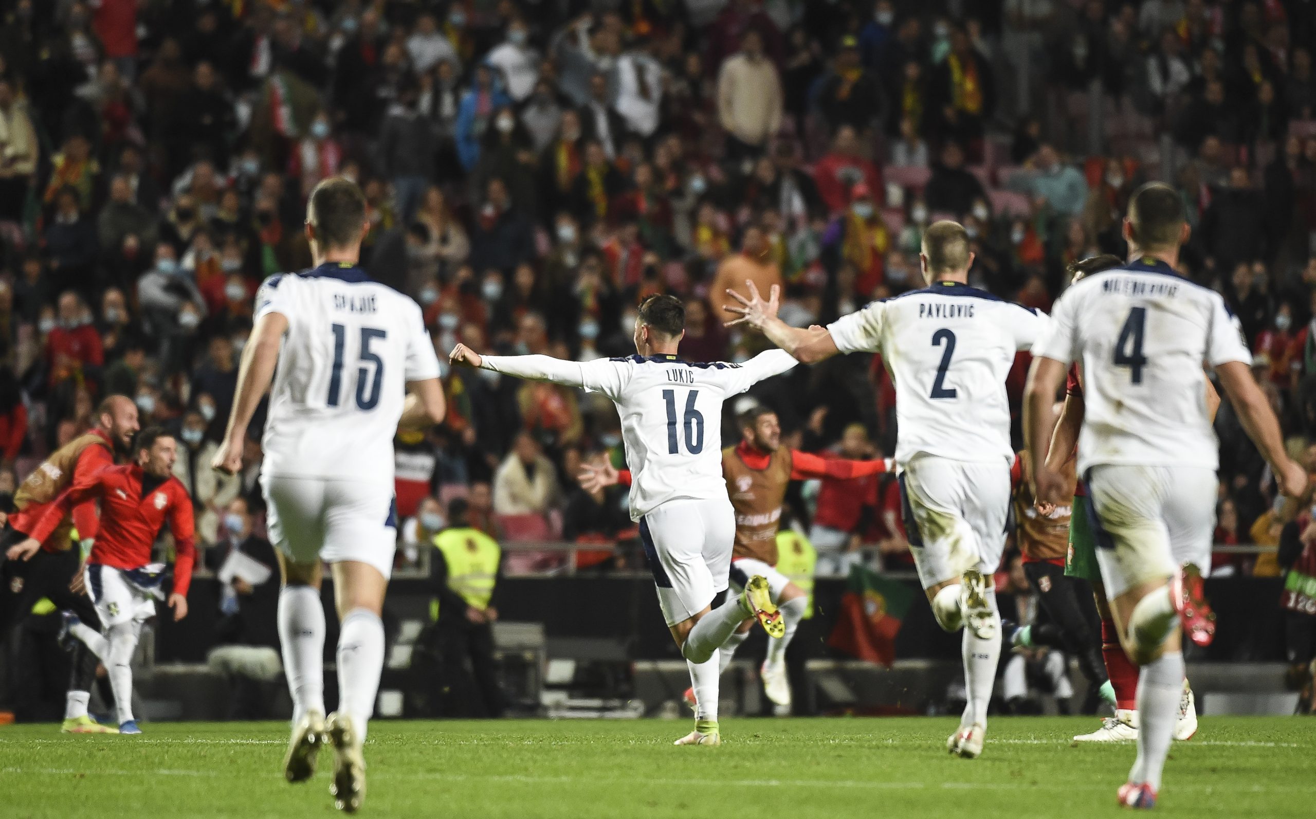 from left Uros Spajic Sasa Lukic Strahinja Pavlovic and Nikola Milenkovic celebrate
Portugalija v Srbija - 2022 FIFA World Cup Qualifier
Lisabon, 14.11.2021.
foto: Starsport.rs ©