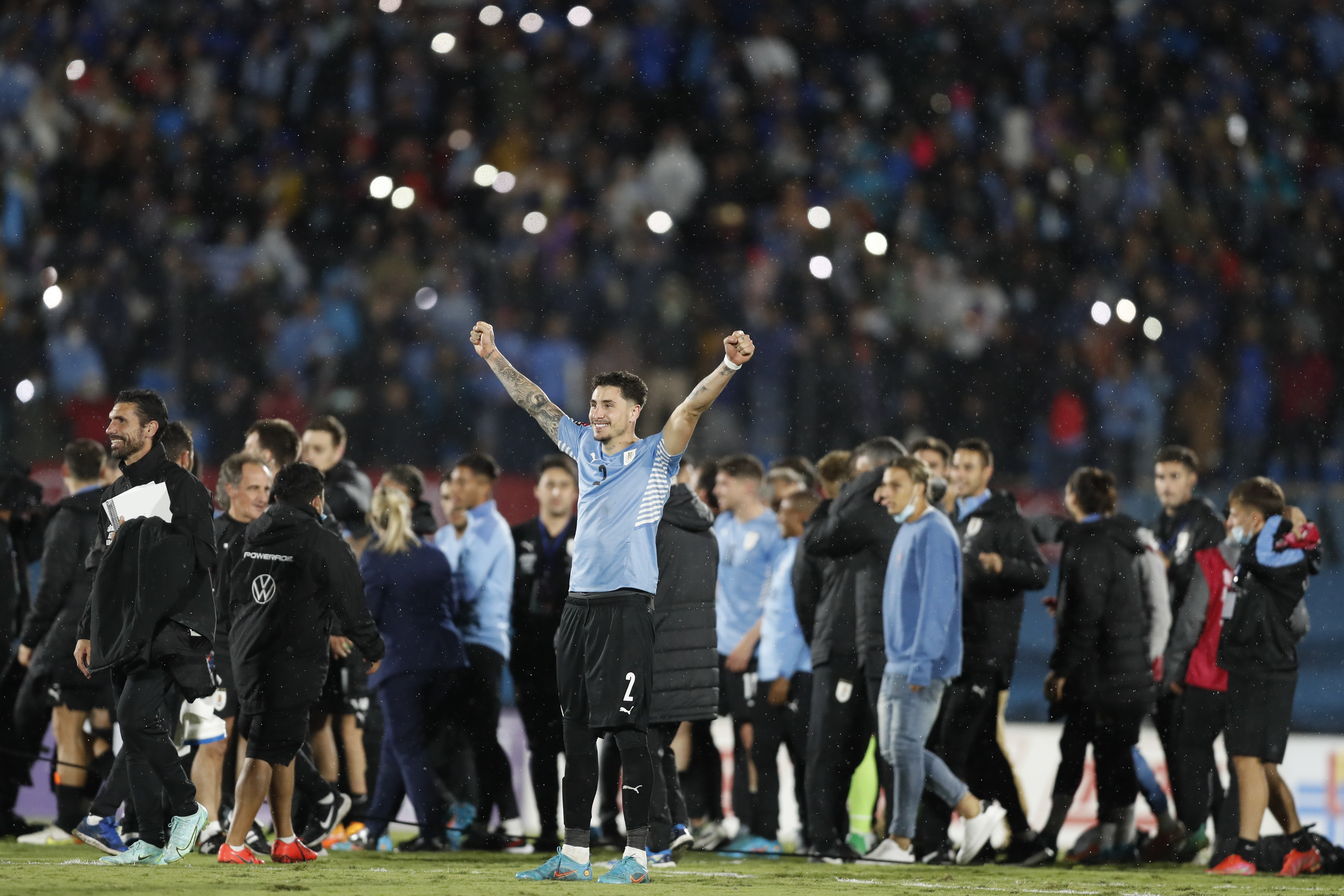 Uruguay's Jose Gimenez reacts after their 1-0 victory over Peru in a qualifying soccer match for the FIFA World Cup Qatar 2022 in Montevideo, Uruguay, Thursday, March 24, 2022. (AP Photo/Matilde Campodonico, Pool)