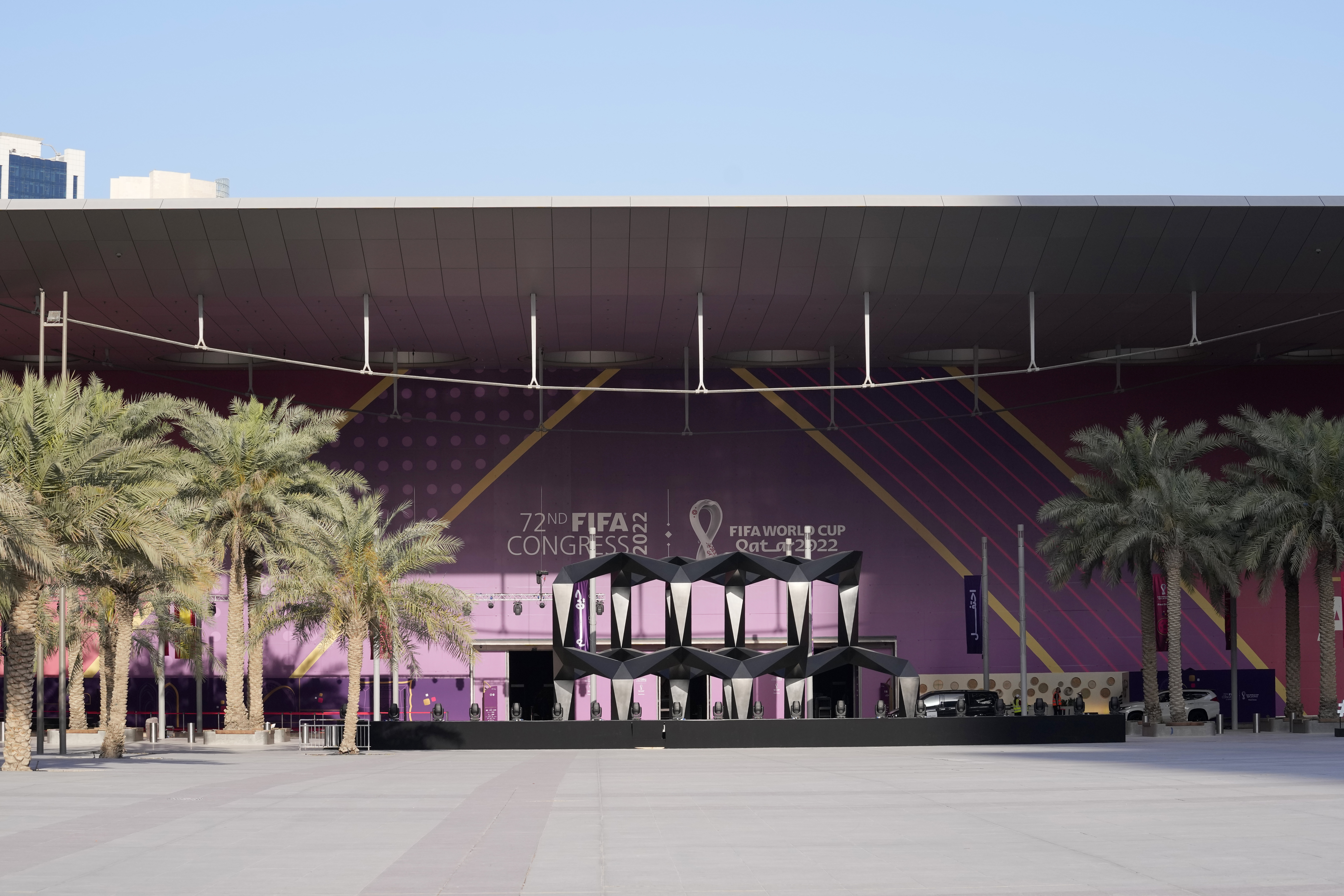 A view of the entrance to the Doha Exhibition and Convention Center where soccer World Cup draw will be held, in Doha, Qatar, Thursday, March 31, 2022. The final draw will be held on April 1. (AP Photo/Darko Bandic)