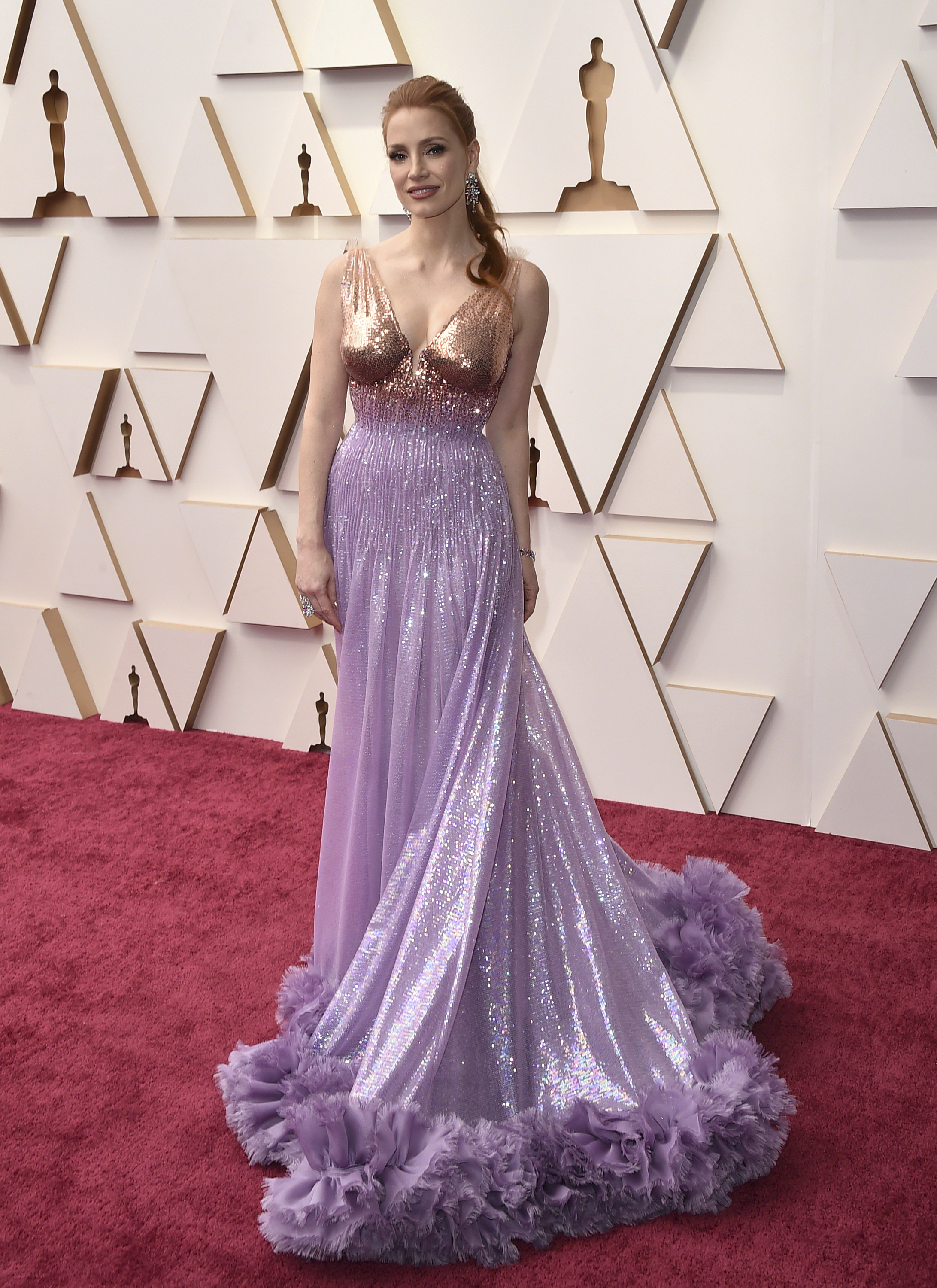 Jessica Chastain arrives at the Oscars on Sunday, March 27, 2022, at the Dolby Theatre in Los Angeles. (Photo by Jordan Strauss/Invision/AP)