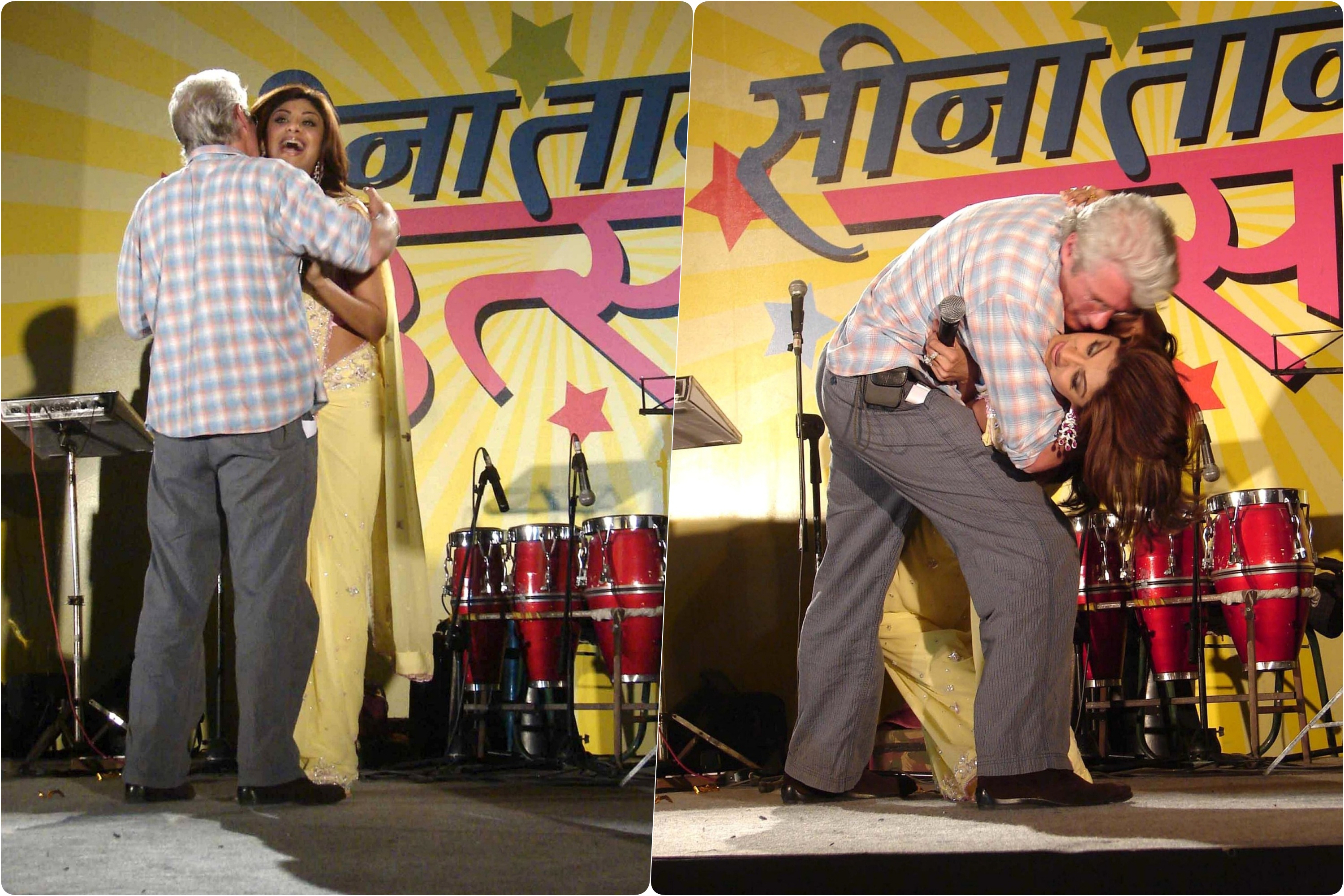 Richard Gere kissing Shilpa Shetty on stage which led to angry crowds burned effigies of Richard Gere the next day in several Indian cities in a country where sex and public displays of affection are largely taboo.