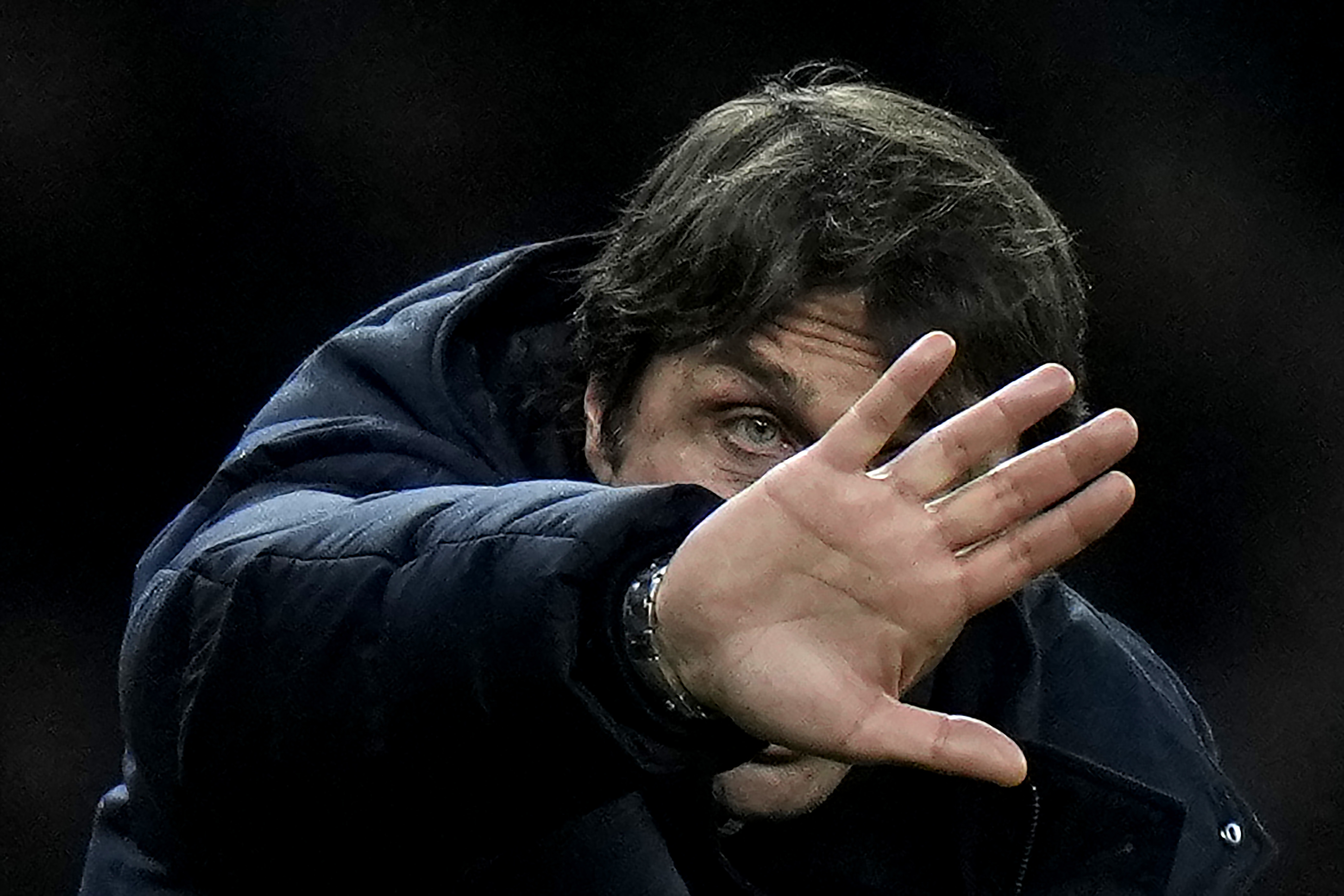 Tottenham's head coach Antonio Conte gives instructions to his players during the English Premier League soccer match between Tottenham Hotspur and Southampton at the Tottenham Hotspur Stadium in London, Wednesday, Feb. 9, 2022. (AP Photo/Alastair Grant)