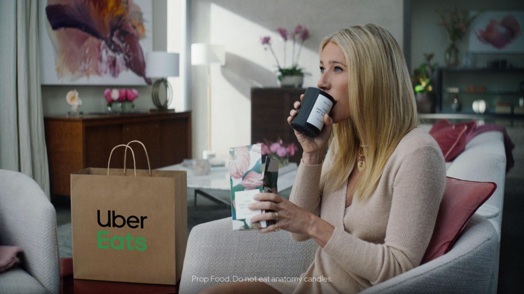 Gwyneth Paltrow eats Goop This Smells Like My Vagina candle in fun Uber Eats Super Bowl commercial