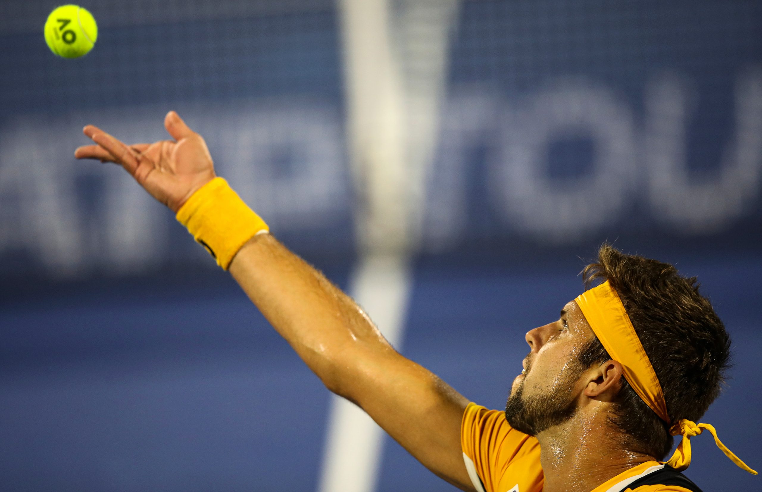 epa09781122 Jiri Vesely of the Czech Republic in action during his quarter final match against Novak Djokovic of Serbia at the Dubai Duty Free Tennis ATP Championships 2022 in Dubai, United Arab Emirates, 24 February 2022.  EPA-EFE/ALI HAIDER