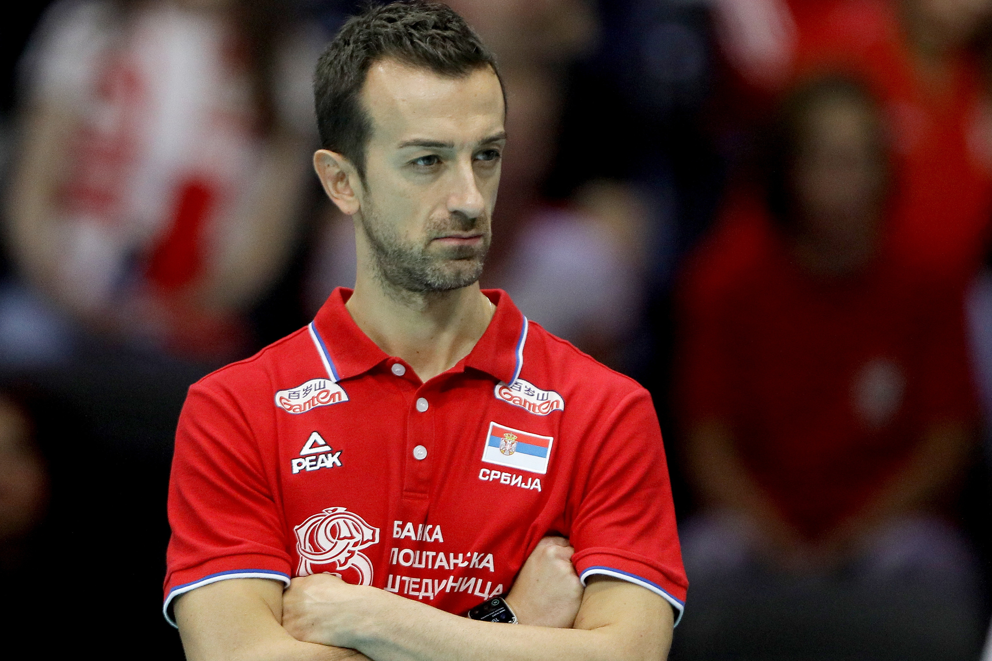 epa10236767 Serbian national team head coach Daniele Santarelli reacts before the 2022 Volleyball Women's World Championship quarterfinal match between Poland and Serbia in Gliwice, Poland, 11 October 2022.  EPA-EFE/Tomasz Wiktor POLAND OUT
