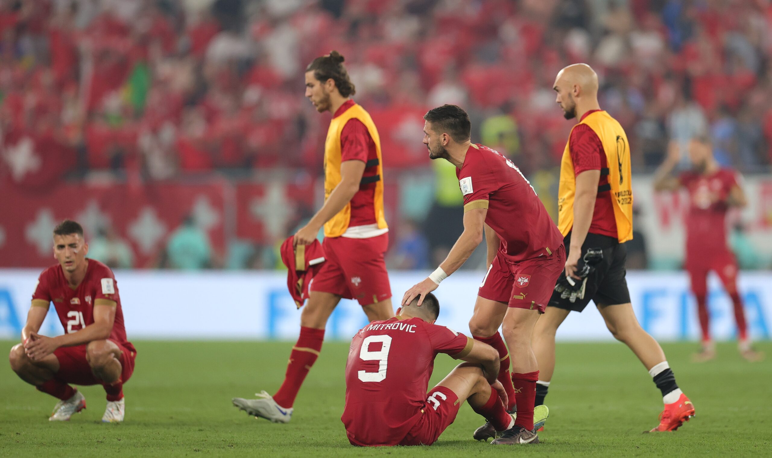 epa10345331 Filip Djuricic (L) of Serbia and teammates react after the FIFA World Cup 2022 group G soccer match between Serbia and Switzerland at Stadium 947 in Doha, Qatar, 02 December 2022.  EPA-EFE/Friedemann Vogel