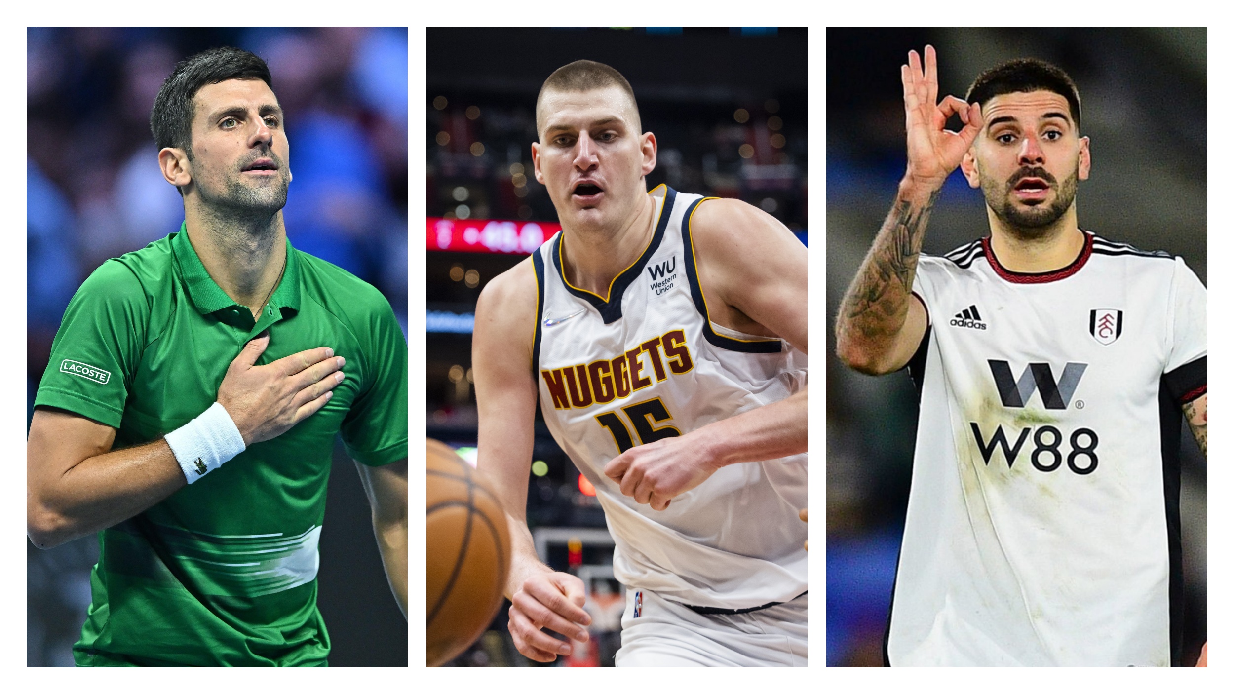 kombo Novak Đoković, Nikola Jokić u dresu Denvera i Aleksandar Mitrović u dresu Fulama