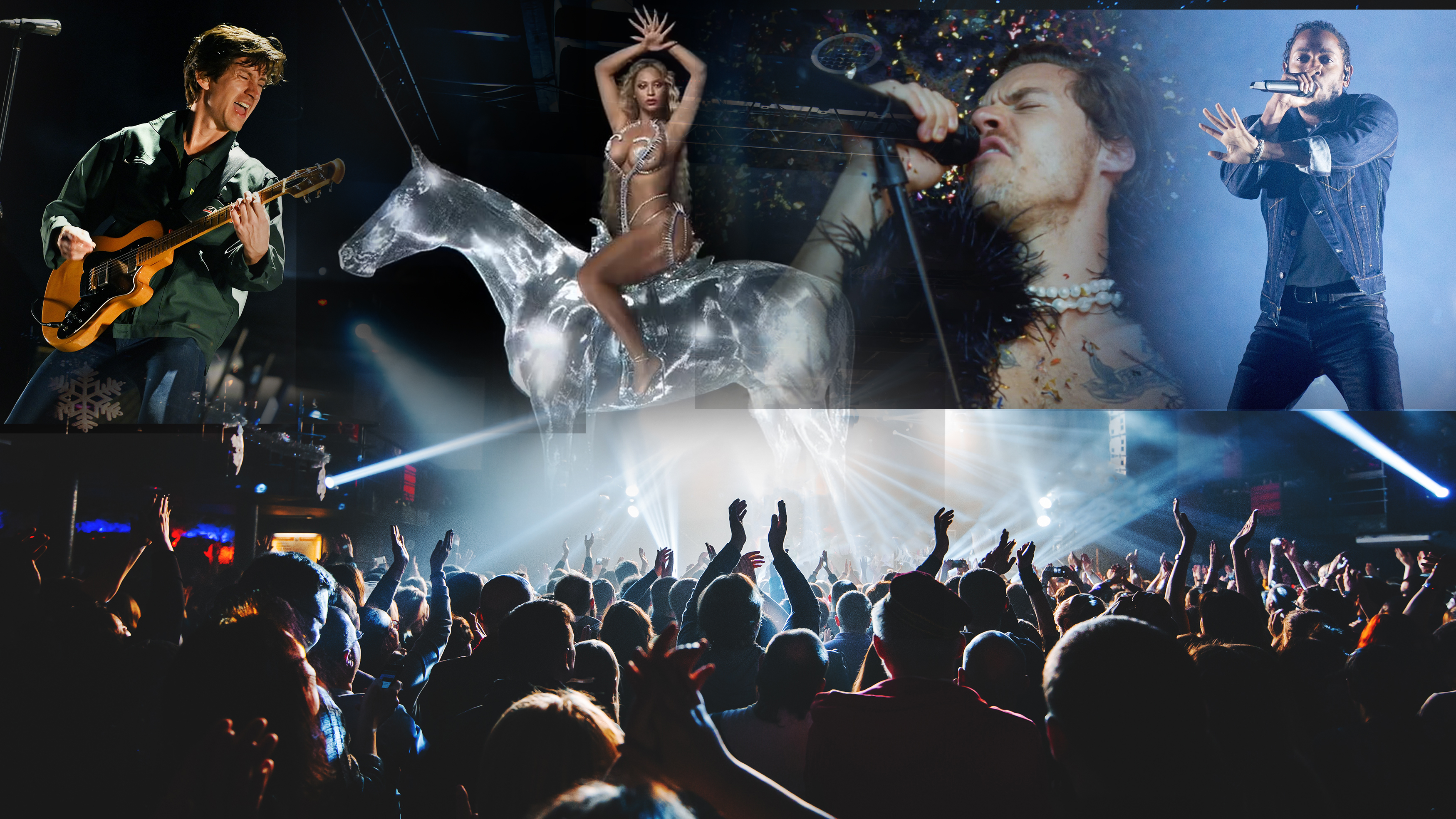 silhouette of concert crowd in front of bright stage lights. Dark background, smoke, concert  spotlights, disco ball Beyoncé 
Kendrick Lamar 
Harry Styles 
Arctic Monkeys