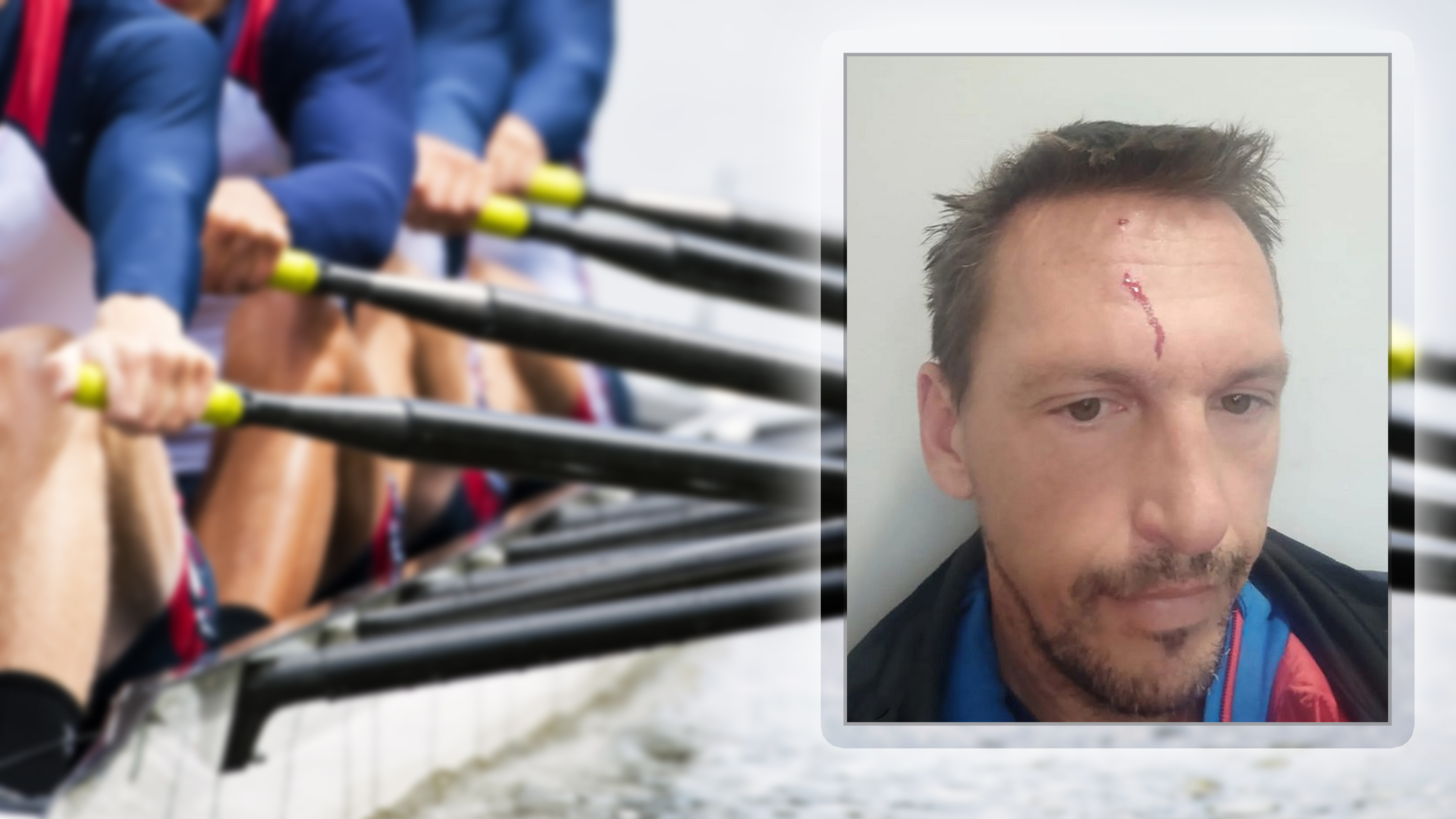 Close up of a men's quadruple skulls rowing team, seconds after the start of their race, Nikola stojic