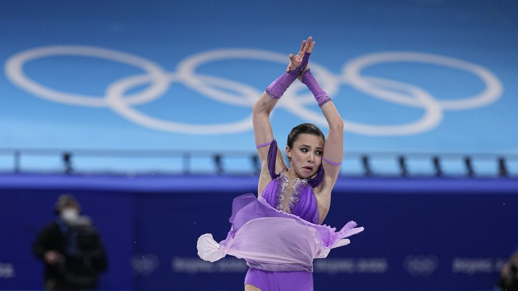 Kamila Valieva, of the Russian Olympic Committee, competes in the women's short program during the figure skating at the 2022 Winter Olympics, Tuesday, Feb. 15, 2022, in Beijing. (AP Photo/David J. Phillip)