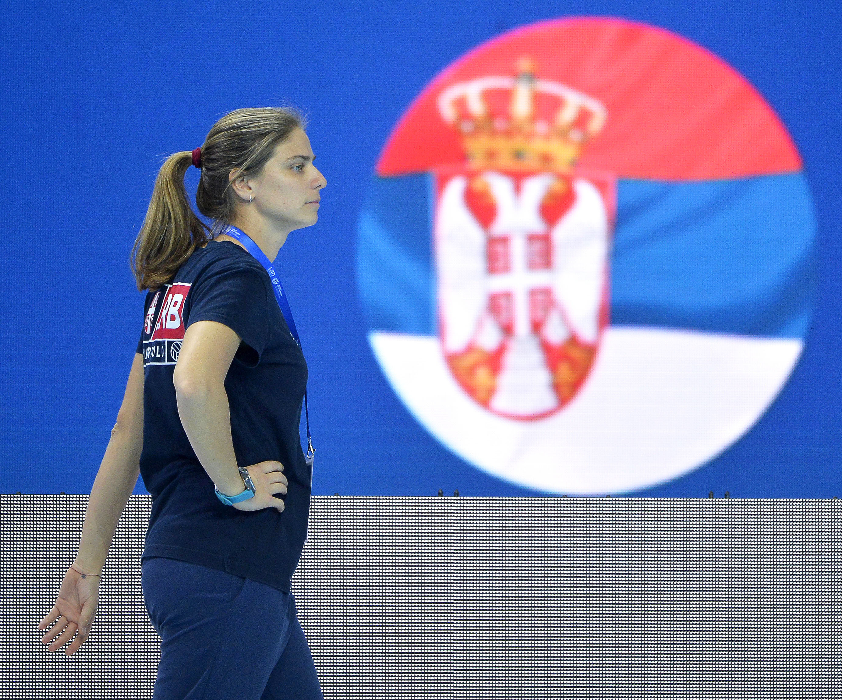 epa08147203 Serbia's head coach Dragana Ivkovic walks during the women's European Water Polo Championship match for the 11th place between Serbia and Germany in Budapest, Hungary, 21 January 2020.  EPA-EFE/BALAZS CZAGANY HUNGARY OUT