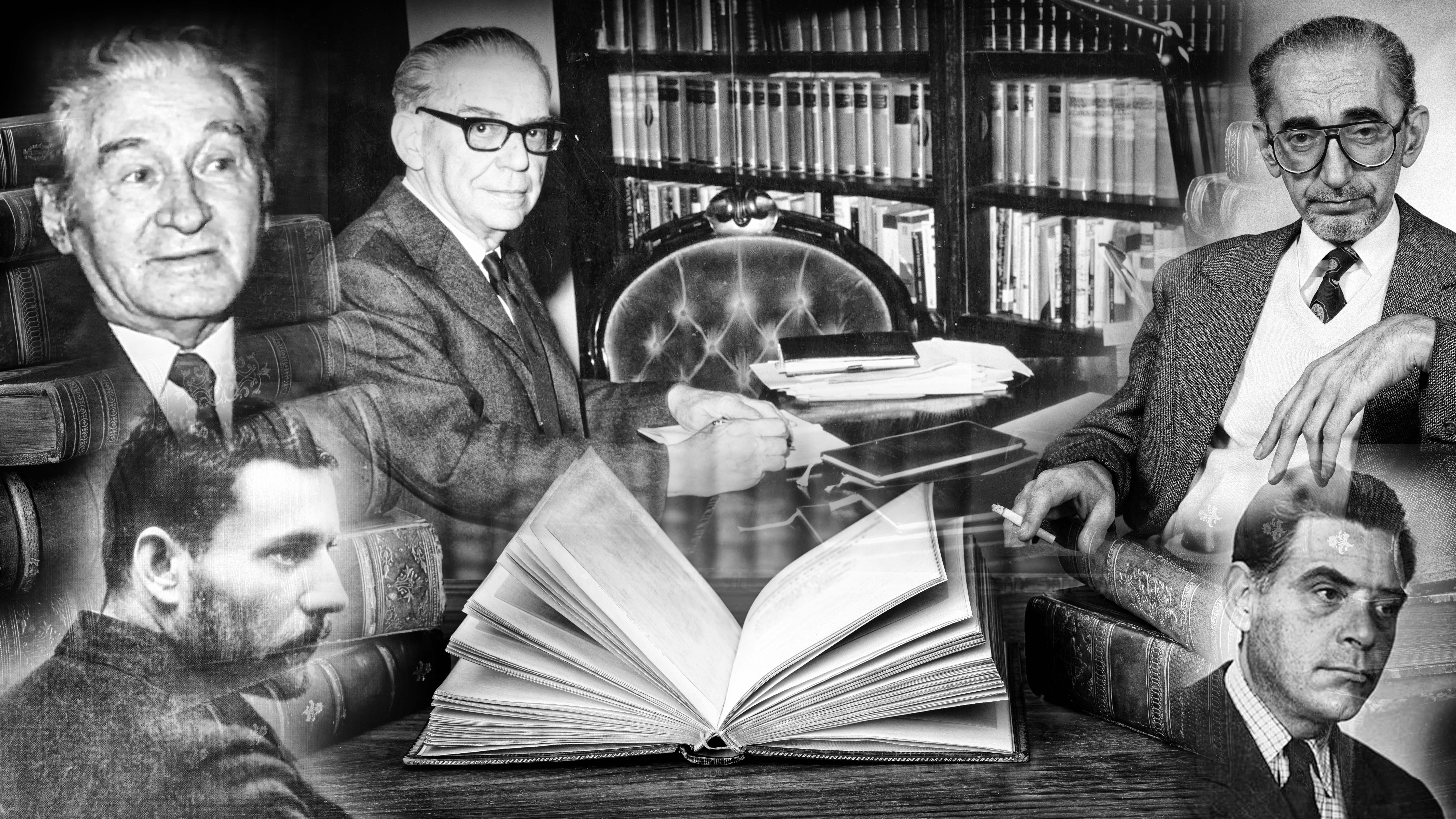 Milos Crnjanski, Ivo Andrić, Vladan Desnica i Bora Stankovic Opened book and stacks of old books on wooden desk in old library. Ancient books historical background. Retro style. Conceptual background on history, education, literature topics.