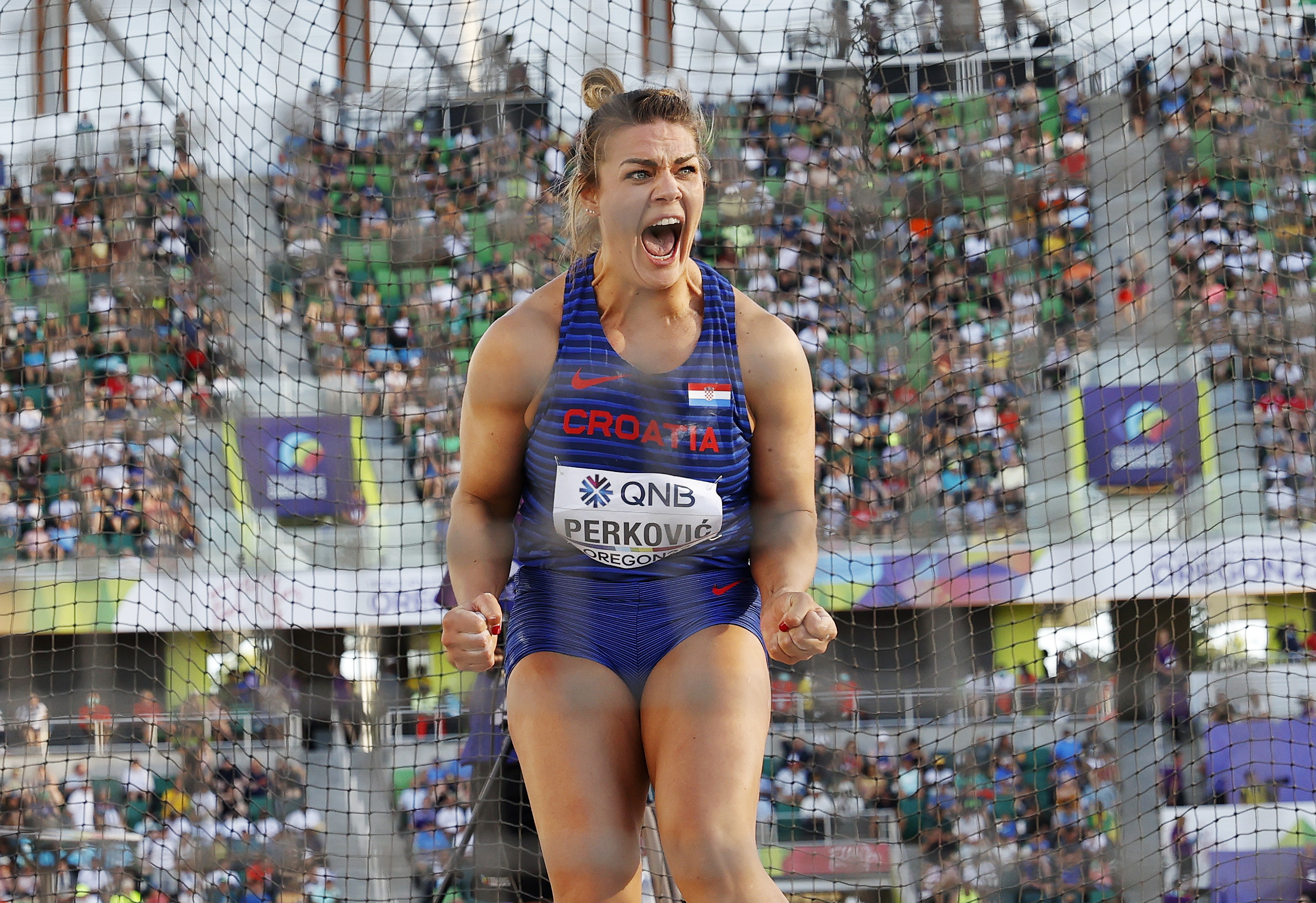 epa10083420 Sandra Perkovic of Croatia, celebrates in the women?s Discus Throw final, during the World Athletics Championships Oregon22, at Hayward Field, in Eugene, Oregon, USA, 20 July 2022.  EPA-EFE/Robert Ghement