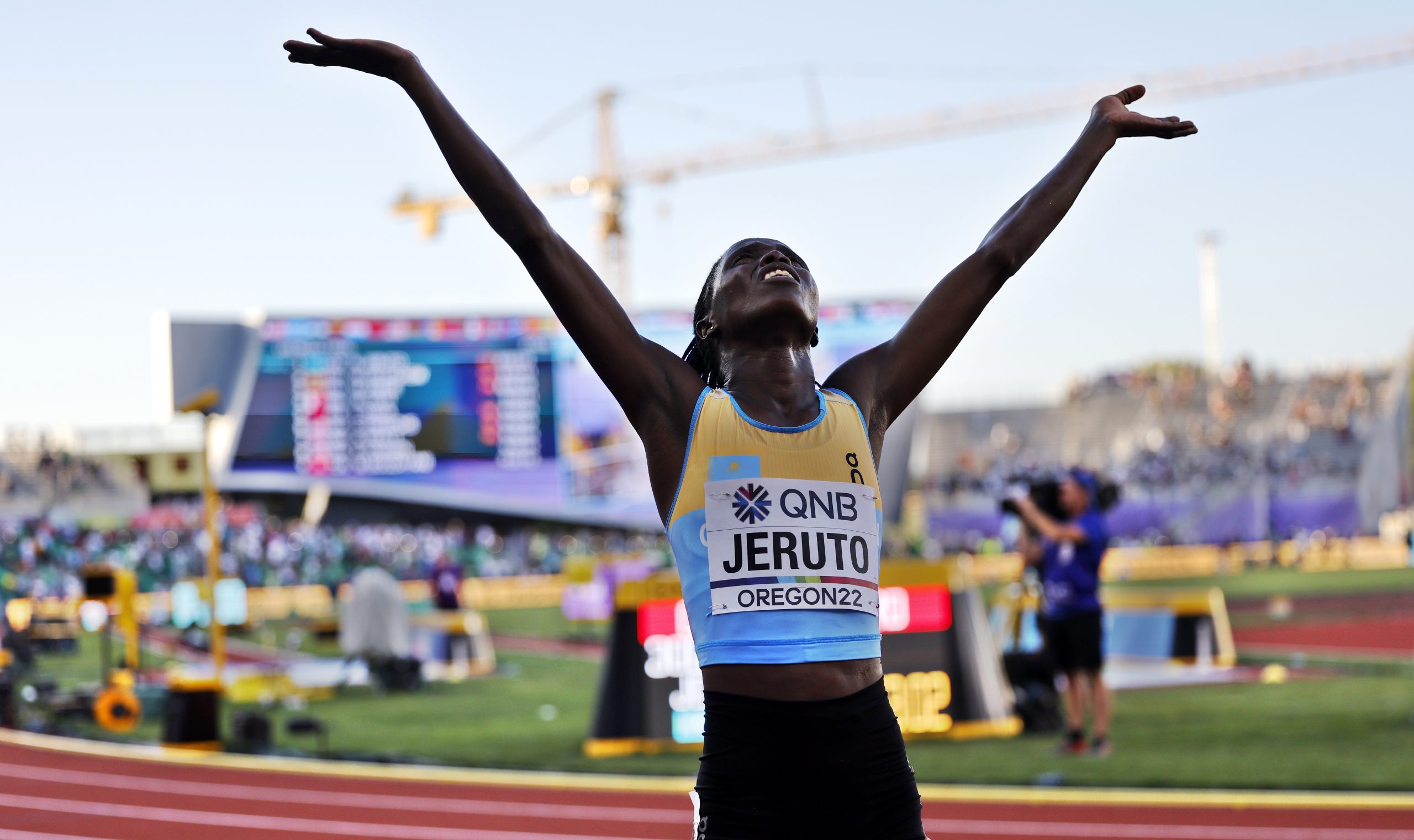 epa10083443 Norah Jeruto of Kazakhstan celebrates as she wins the women's 3000m Steeplechase final at the World Athletics Championships Oregon22 at Hayward Field in Eugene, Oregon, USA, 20 July 2022  EPA-EFE/John G. Mabanglo