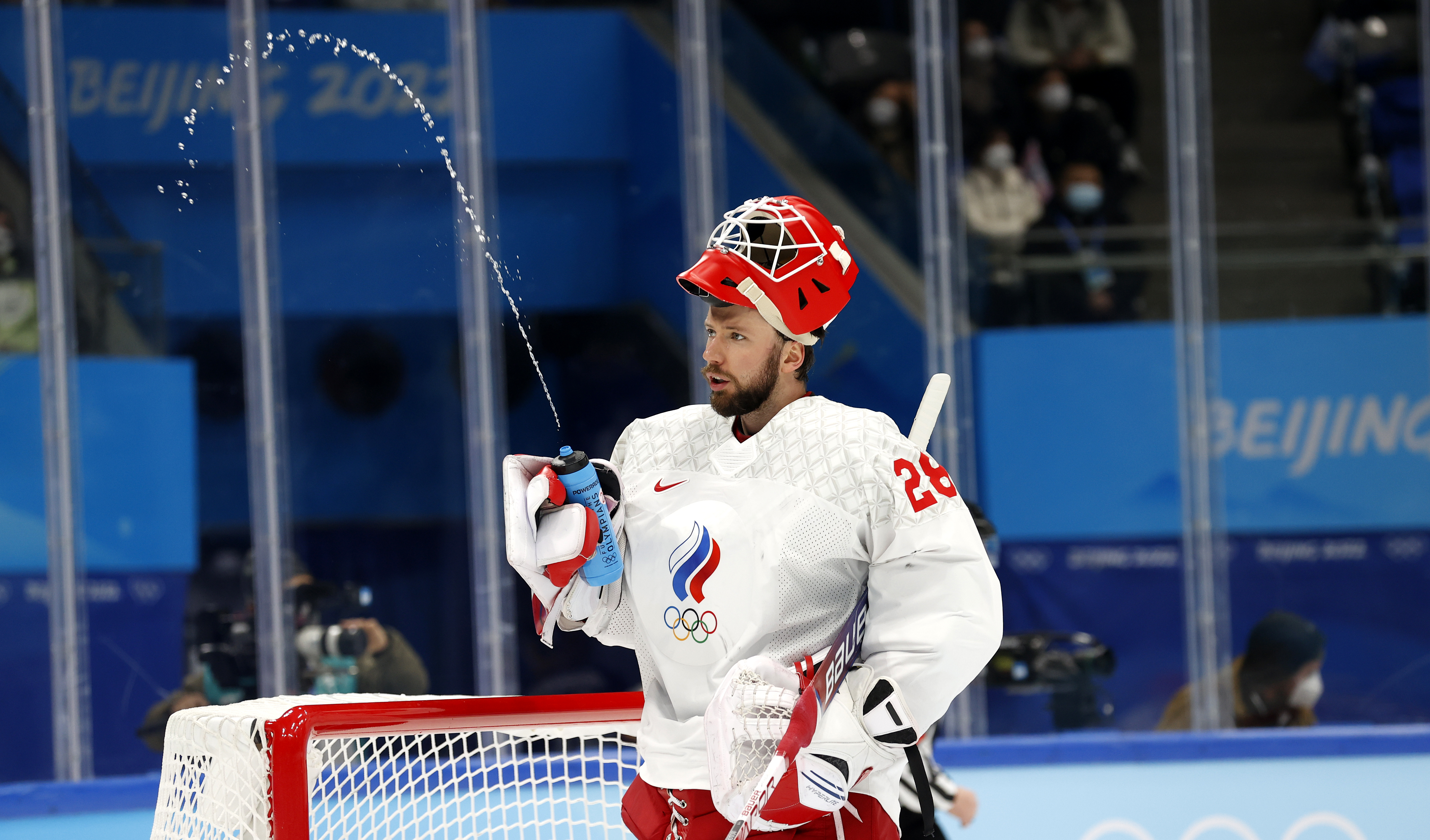 epa09773670 Goalkeeper Ivan Fedotov of Russia during Men's Ice Hockey gold medal match between Finland and the Russian Olympic Committee at the Beijing 2022 Olympic Games, Beijing, China, 20 February 2022.  EPA-EFE/ALEX PLAVEVSKI