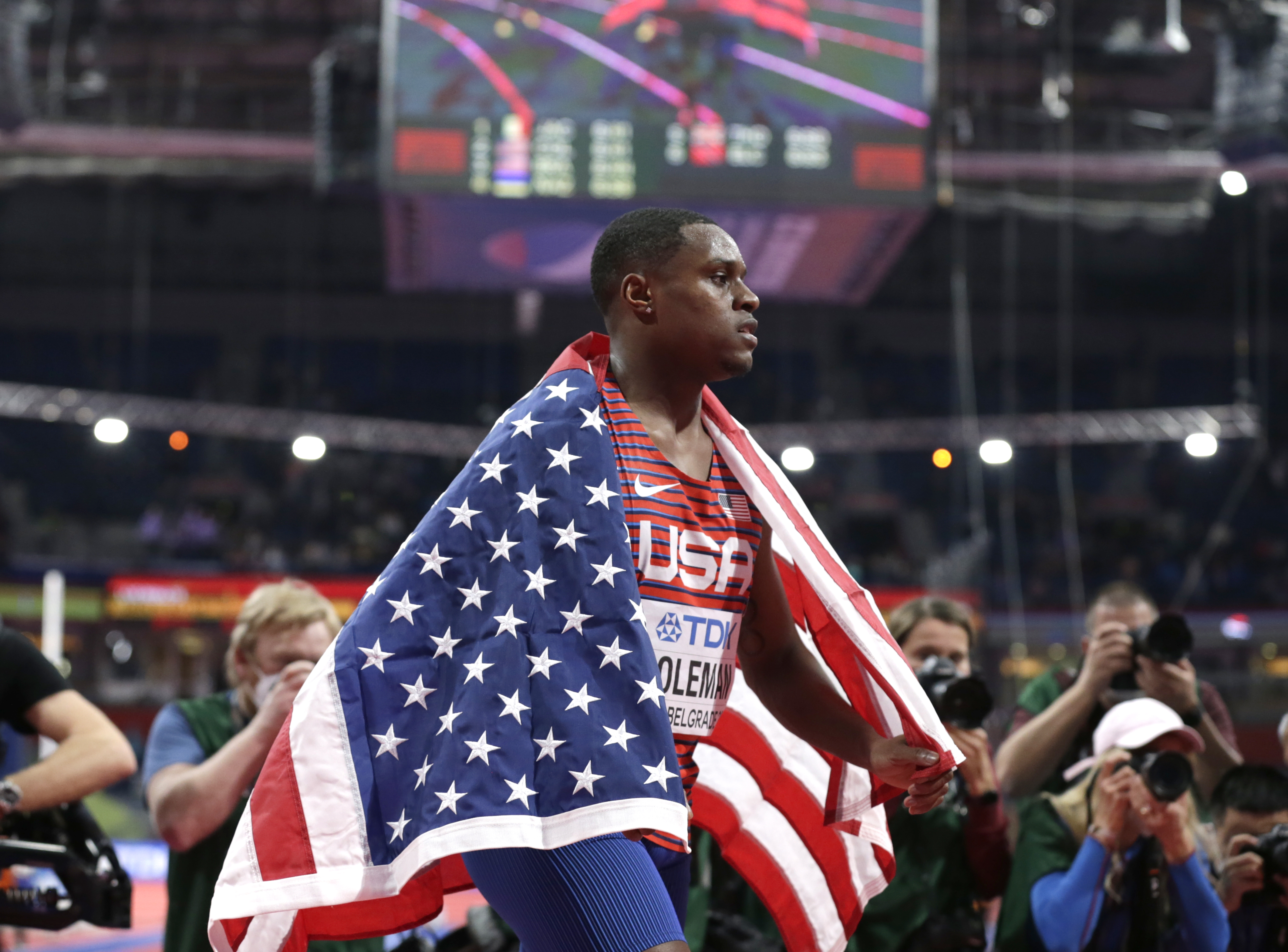 epa09836914 Third placed Christian Coleman of USA reacts during the Men?s 60m final at the World Athletics Indoor Championships in Belgrade, Serbia, 19 March 2022.  EPA-EFE/ANDREJ CUKIC