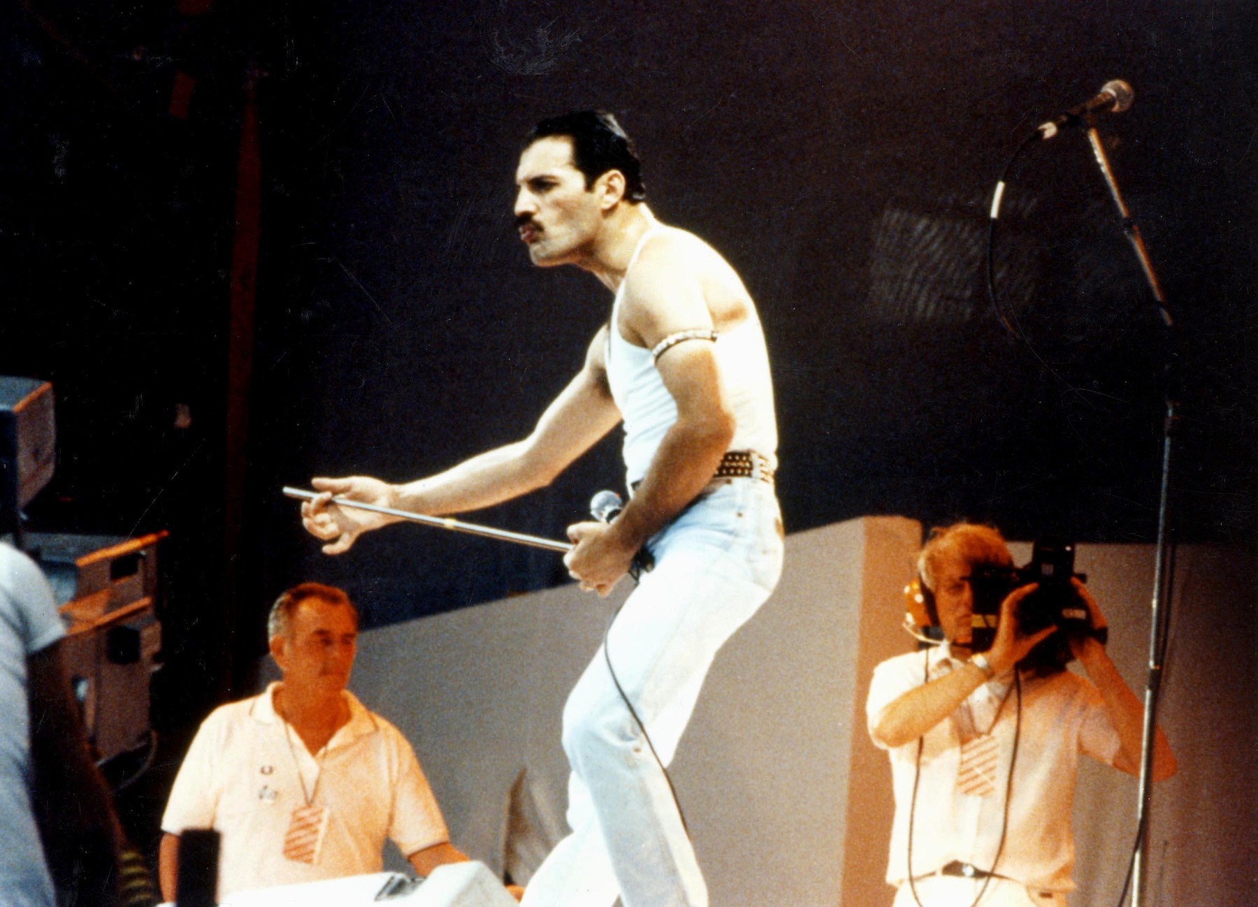 July 1985: Freddie Mercury of the British rock group 'Queen', performs at the Live Aid charity concert at Wembley Stadium.,Image: 17281645, License: Rights-managed, Restrictions: , Model Release: no, Credit line: UPP / Topfoto / Profimedia