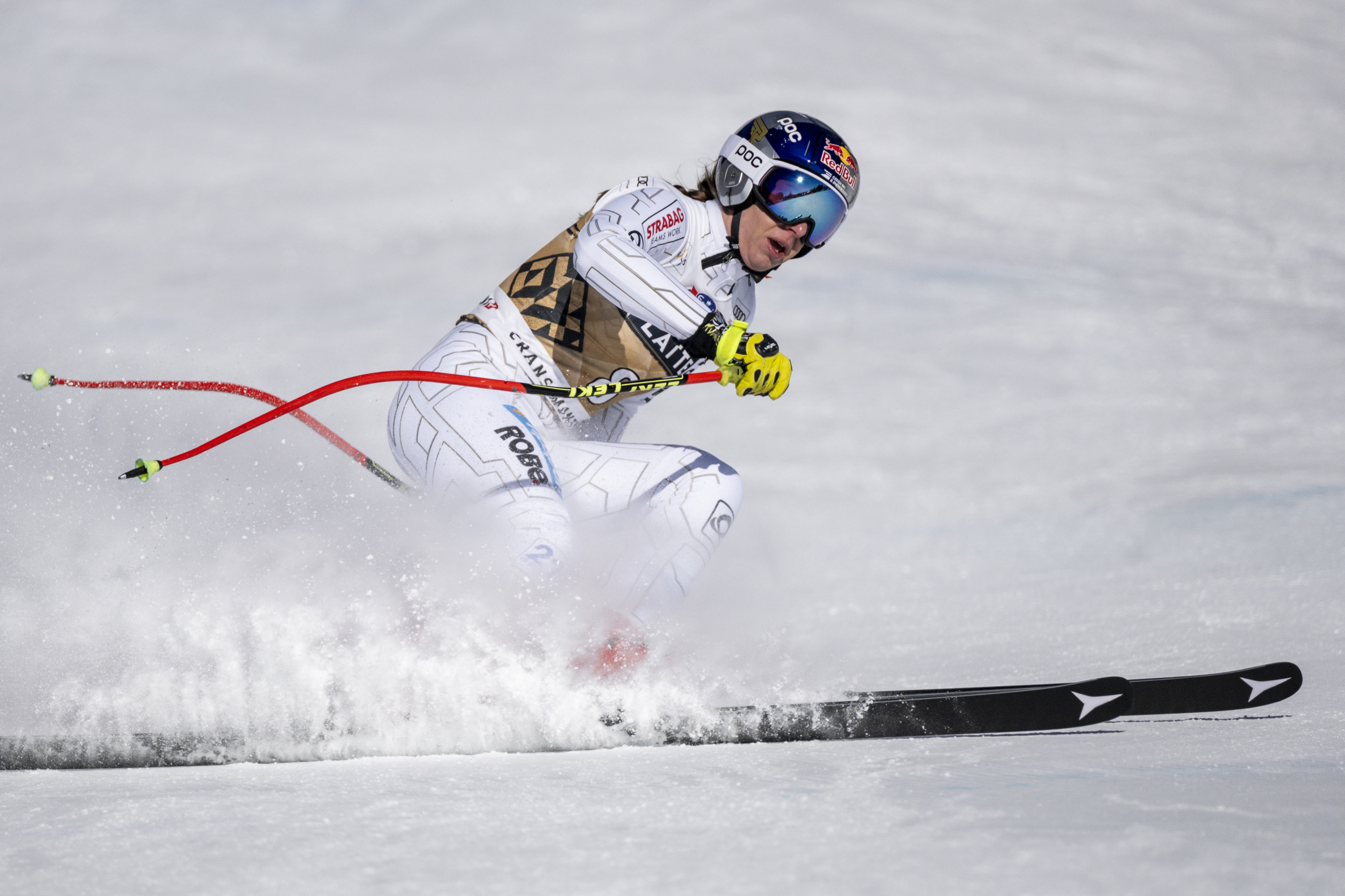 epa09786432 Ester Ledecka of Czech Republic reacts in the finish area of the women's Downhill race at the FIS Alpine Ski World Cup in Crans-Montana, Switzerland, 26 February 2022.  EPA-EFE/ALESSANDRO DELLA VALLE