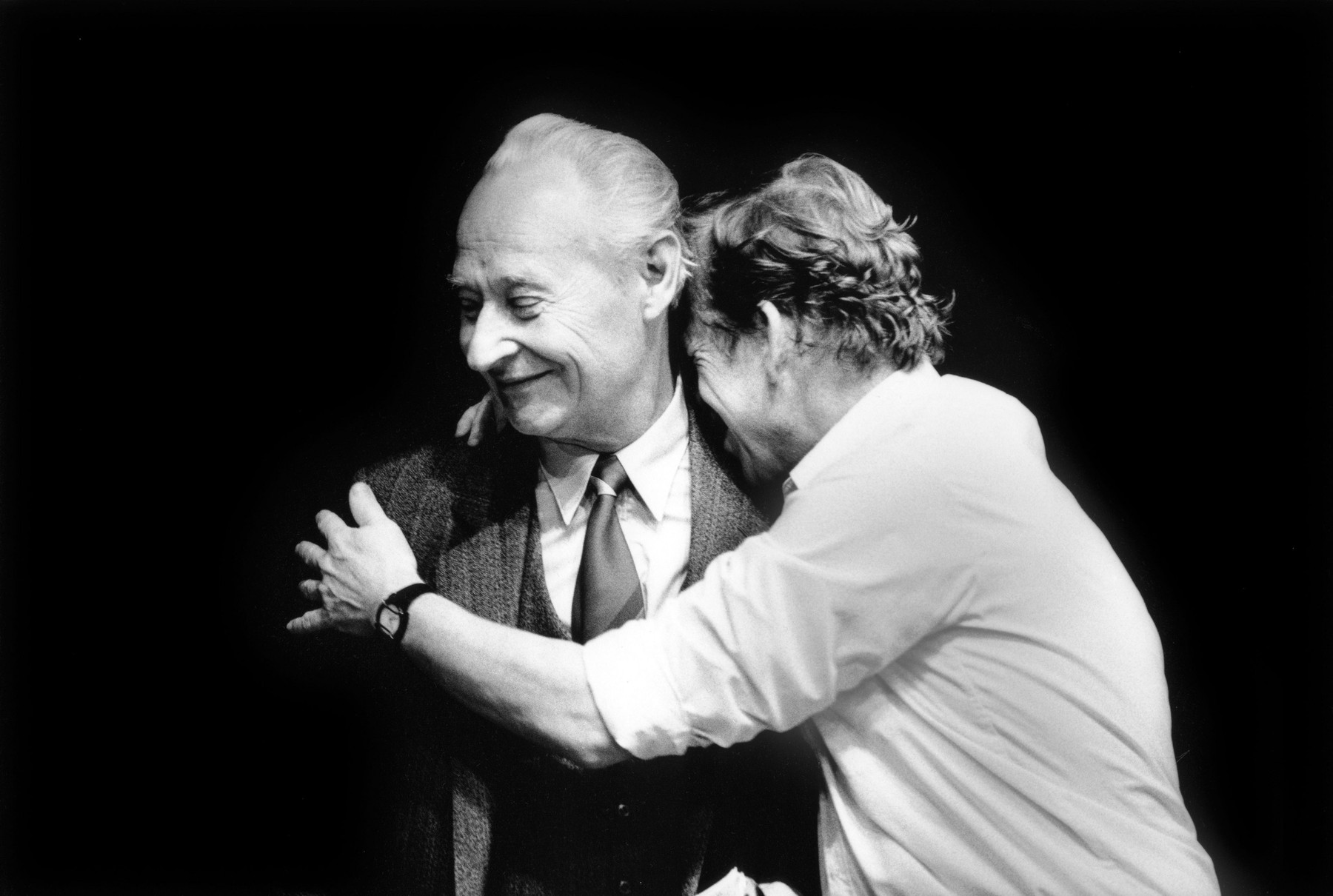 Vaclav Havel and Alexander Dubcek embrace as news comes through of the resignation of the majority of the Czech Praesidium. The