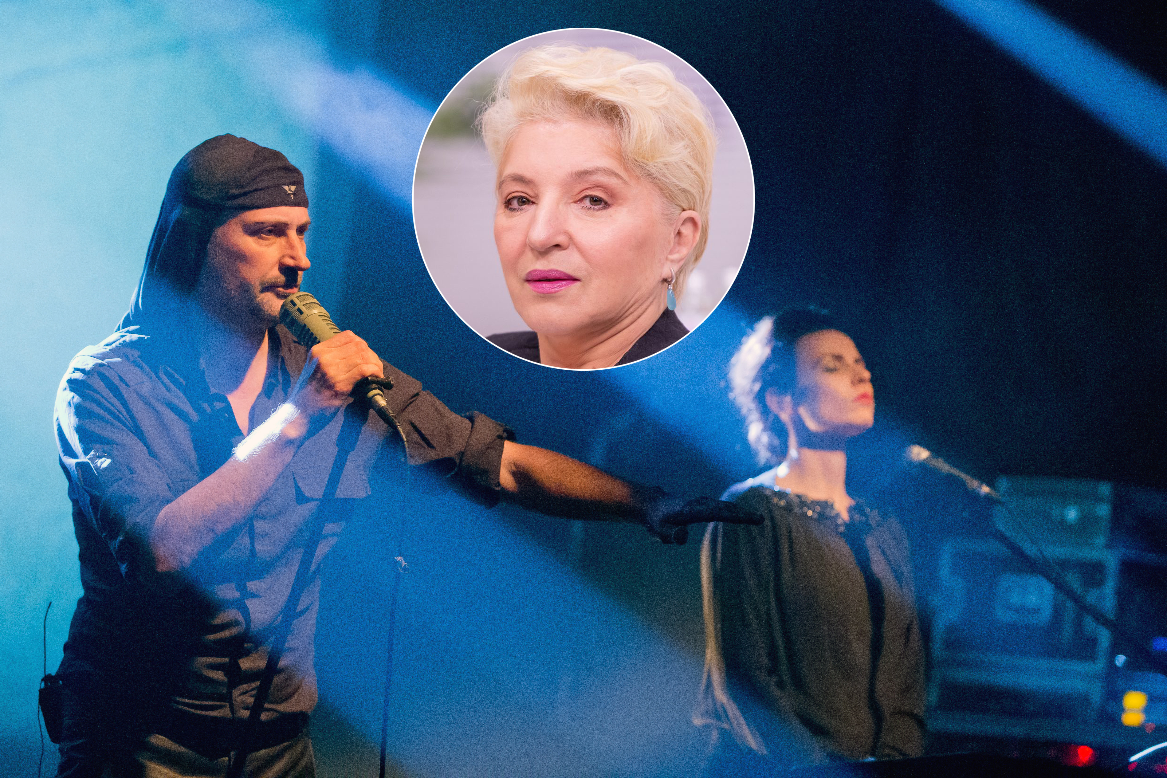 Lajbah, Mirajana Karanović, Mira Karanović, kombo
epa05100643 Lead singer of the Slovenian music group Laibach, Milan Fras (L) performs during a concert in Nuremberg (Bavaria), Germany, 13 January 2016.  EPA/DANIEL KARMANN