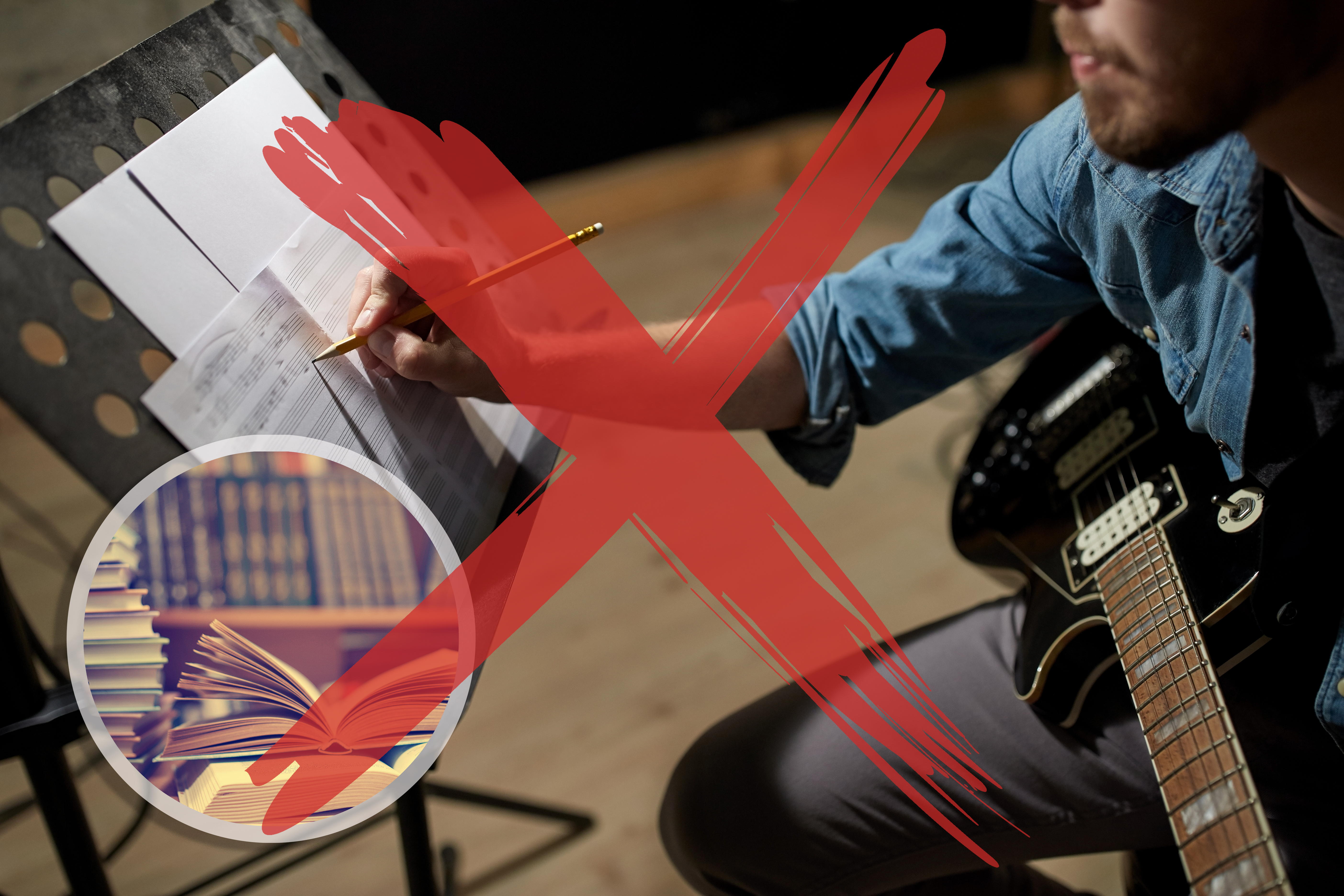 zabrana umetnost, knjige muzika, ruske, rusija people, art and entertainment concept - man with guitar writing notes to music book at studio