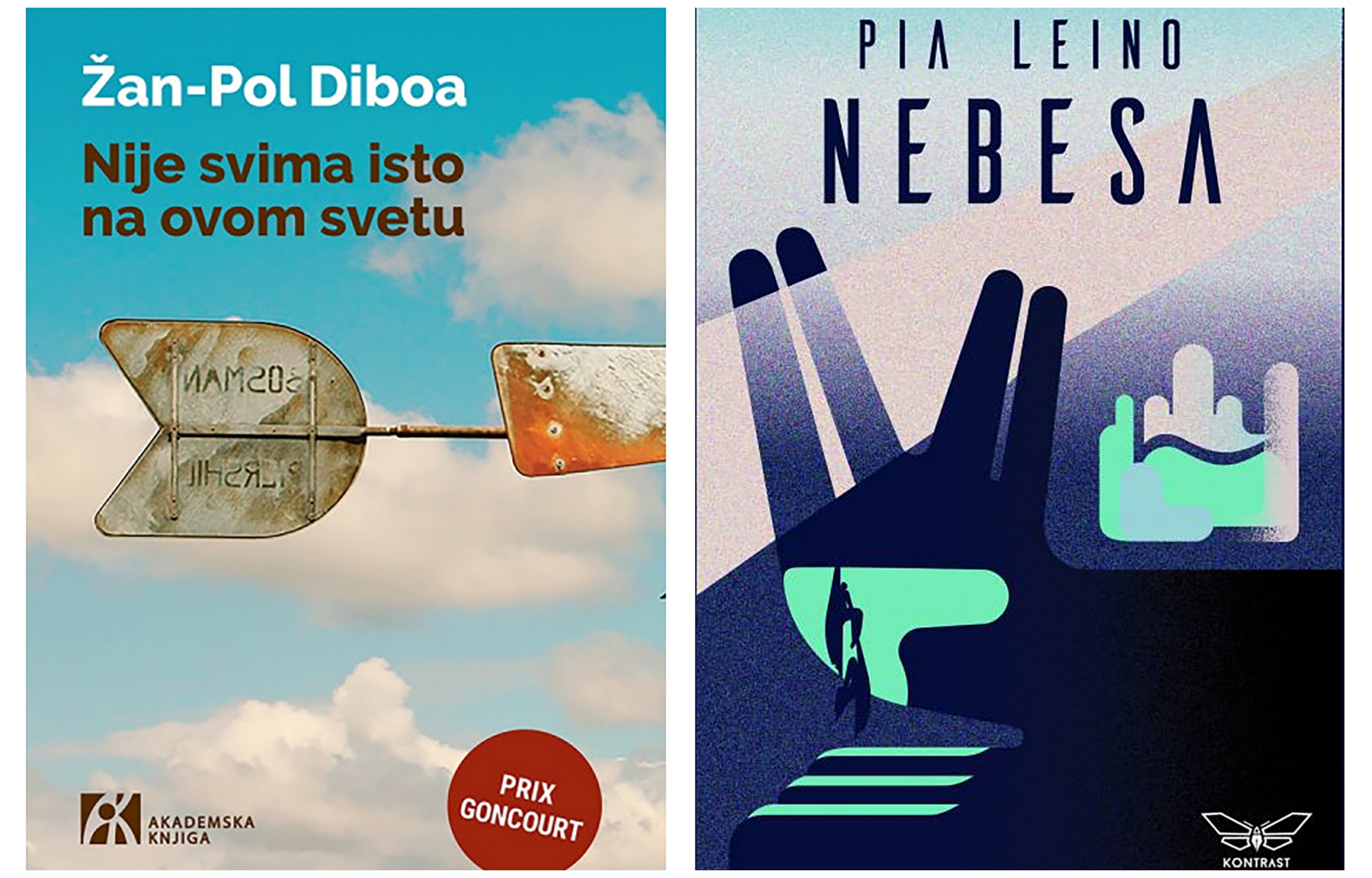 kombo knjiga Žan-Pol Diboa "Nije svima isto na ovom svetu", Akademska knjiga, 2022. i Pia Leino "Nebesa", Kontrast izdavaštvo, 2021.