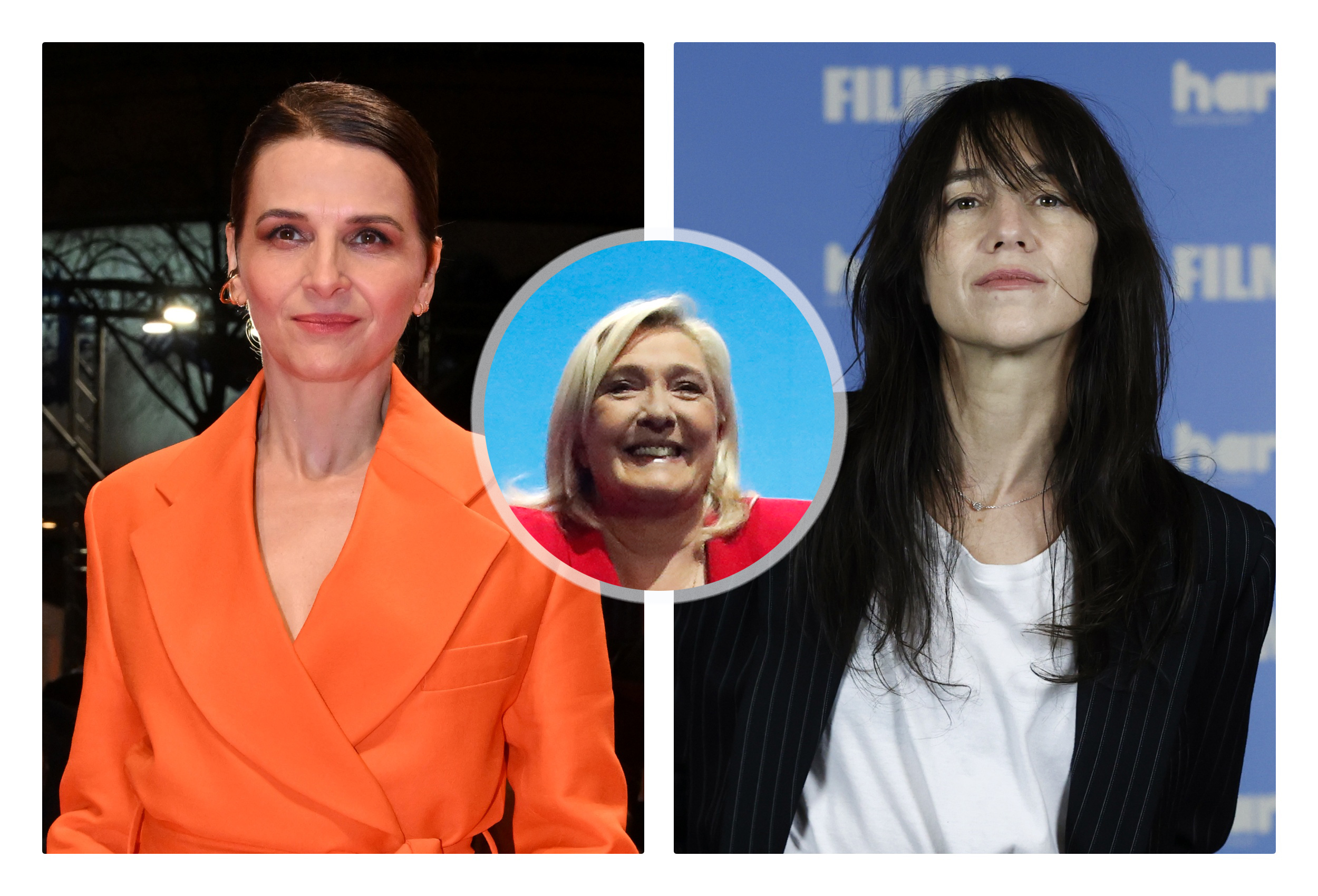 kombo Žilijet Binoš i Šarlota Gejnzbur i Marin le Pen u kružiću