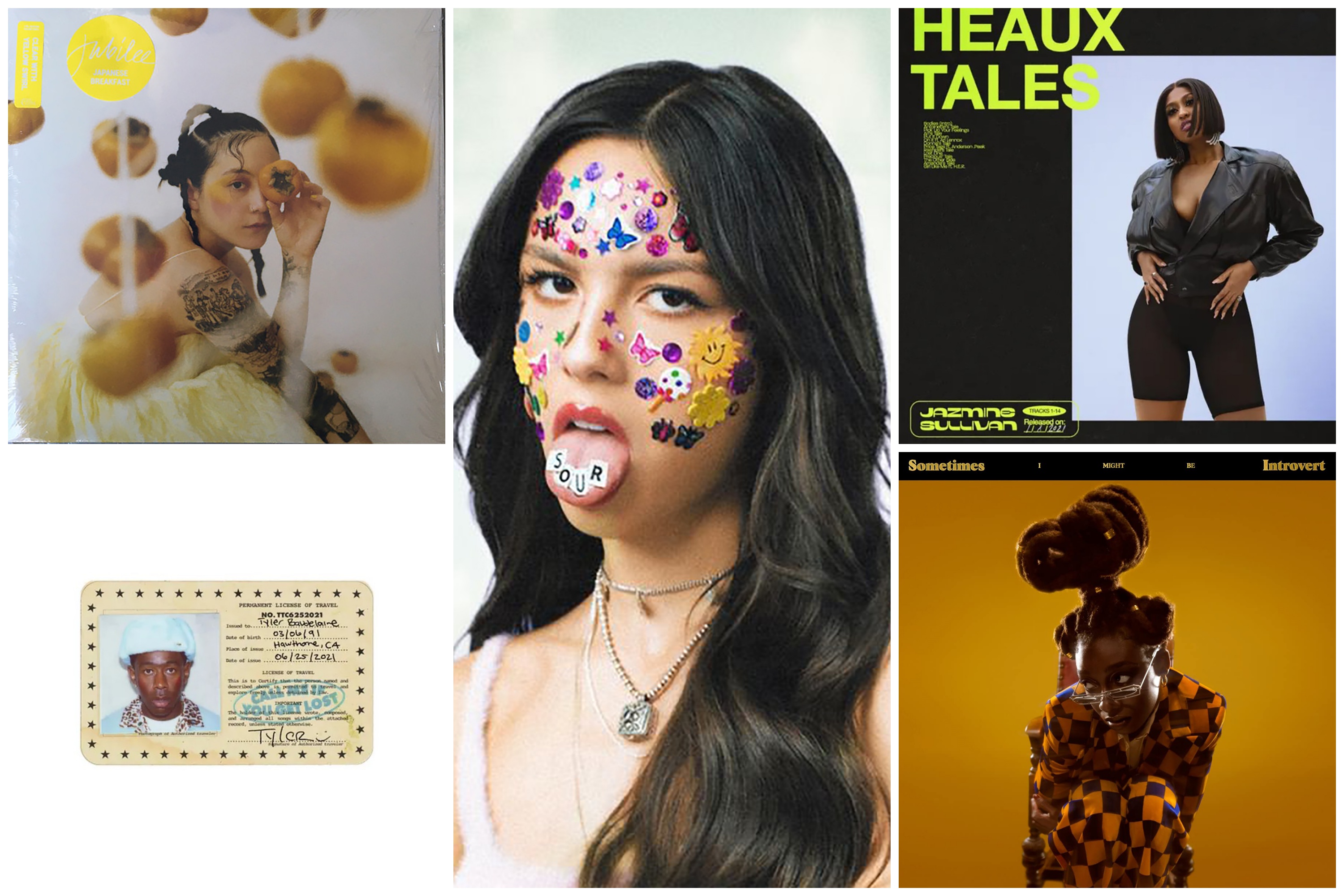 Japanese breakfast - Jubilee, Tyler, the Creator Call Me If You Get Lost, Olivia Rodrigo - Sour, Jazmine Sullivan Heaux Tales, Little Simz – Sometimes I Might Be Introvert, album, omot, kombo Foto: Promo