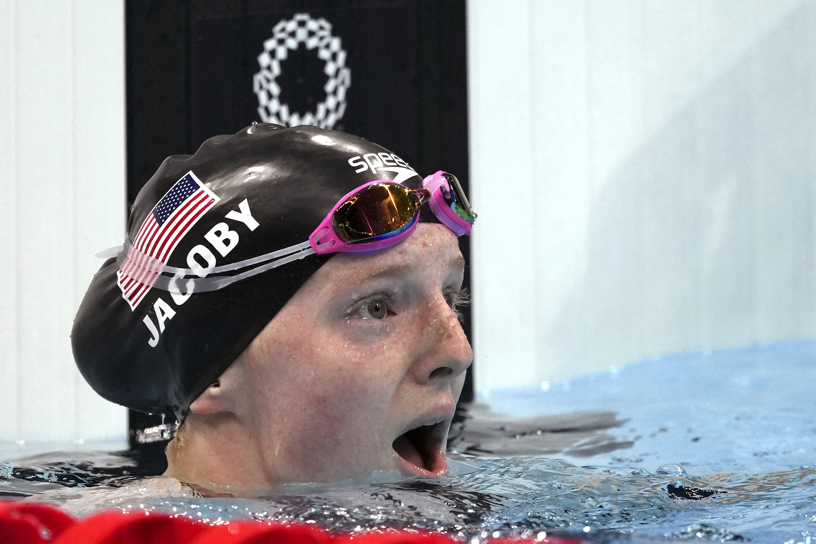 Lydia Jacoby of the United States looks up after winning the final of the women's 100-meter breaststroke at the 2020 Summer Olympics, Tuesday, July 27, 2021, in Tokyo, Japan. (AP Photo/Matthias Schrader)