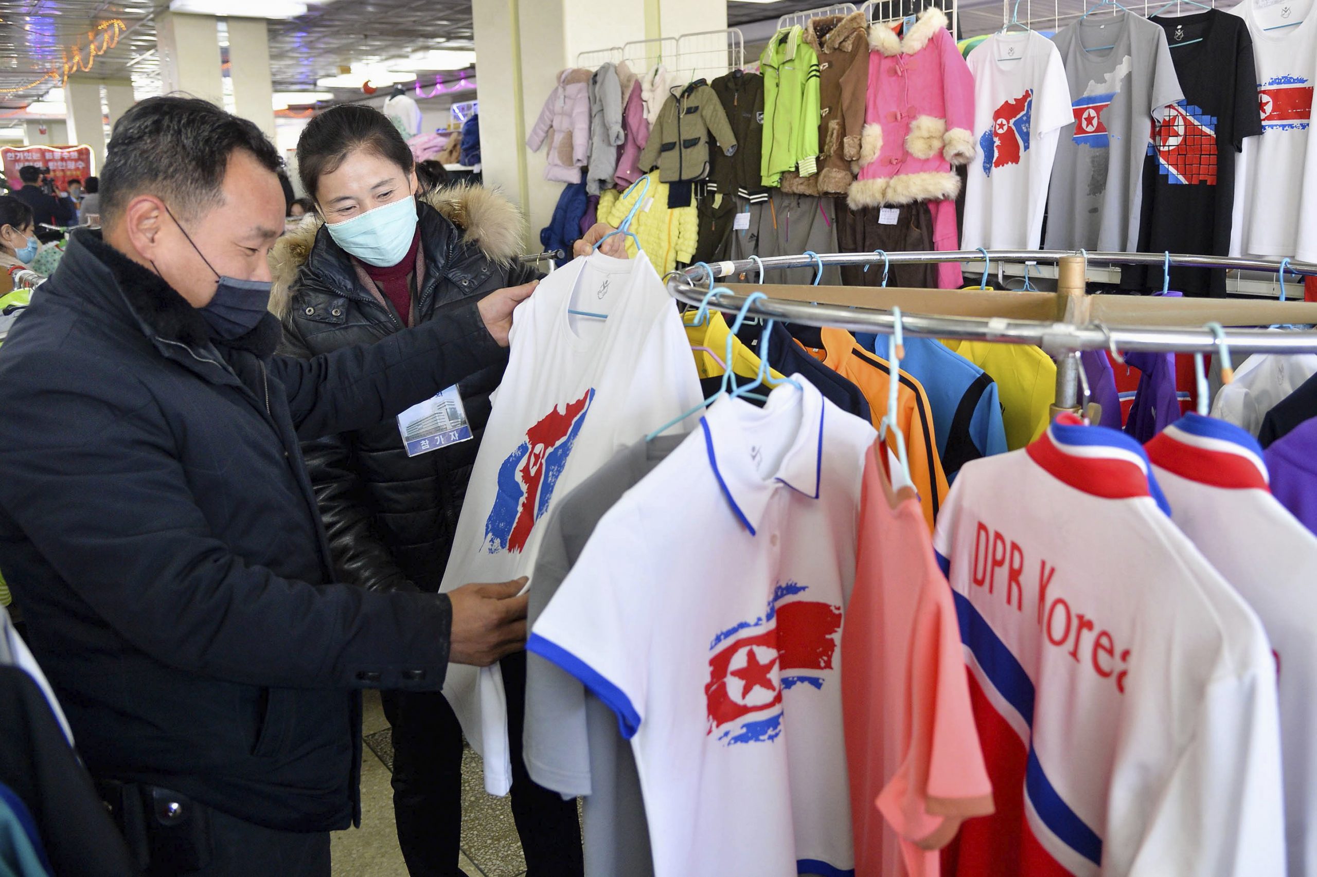 Clothing items are on display at a trade fair for made-in-North Korea products in Pyongyang on Nov. 29, 2021.,Image: 645562857, License: Rights-managed, Restrictions: , Model Release: no, Credit line: Kyodo/Newscom / Newscom / Profimedia