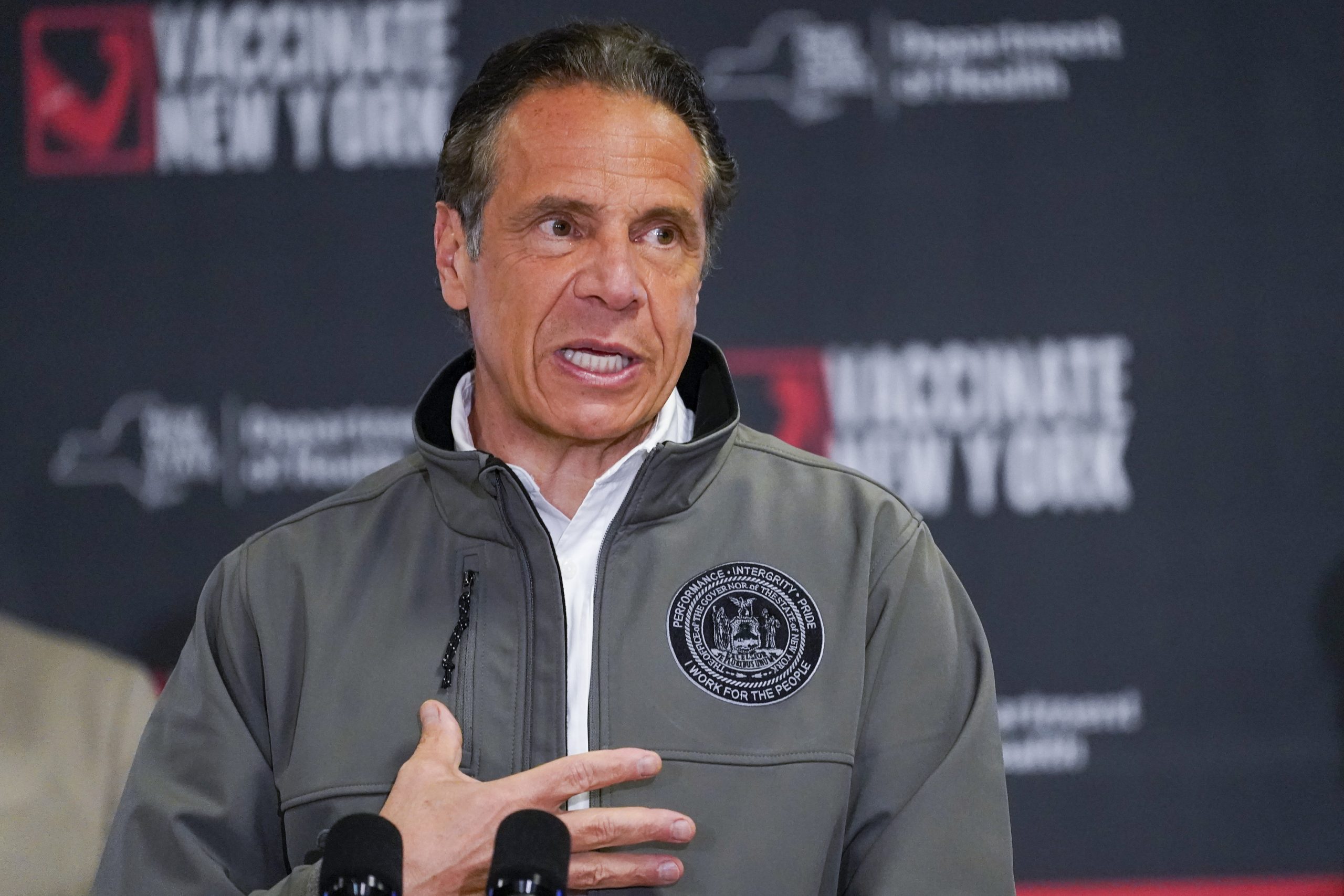 epa09135795 New York Governor Andrew Cuomo speaks during a news conference about COVID-19 vaccinations at a pop-up vaccination site at the Belmont Park Redevelopment Project in Elmont, New York, USA, 14 April 2021.  EPA-EFE/MARY ALTAFFER / POOL