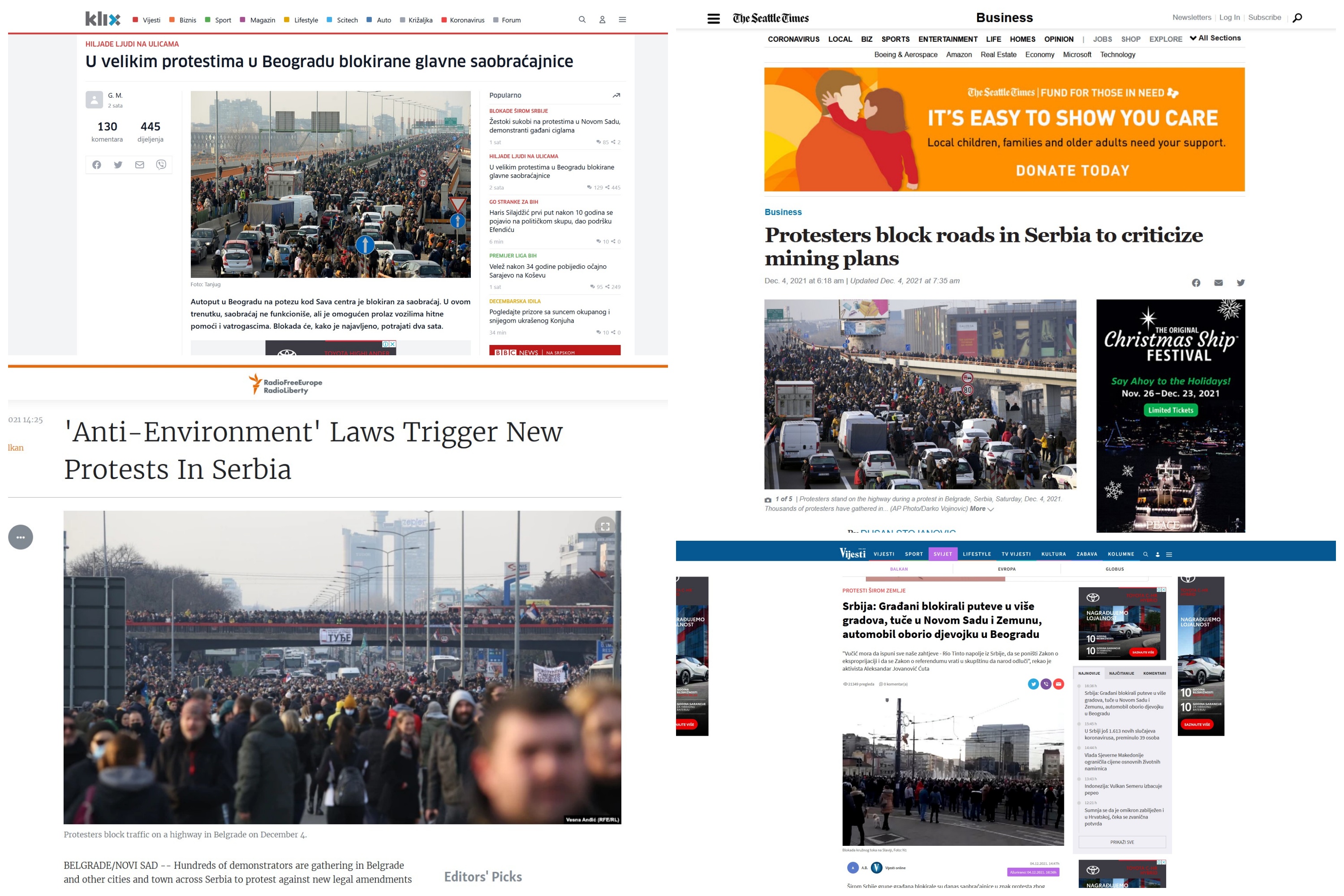 Naslovne strane, kombo Foto: Printscreen/KIix/The SeattleTimes/RadioFreeEurope/RadioLiberty/Vijesti