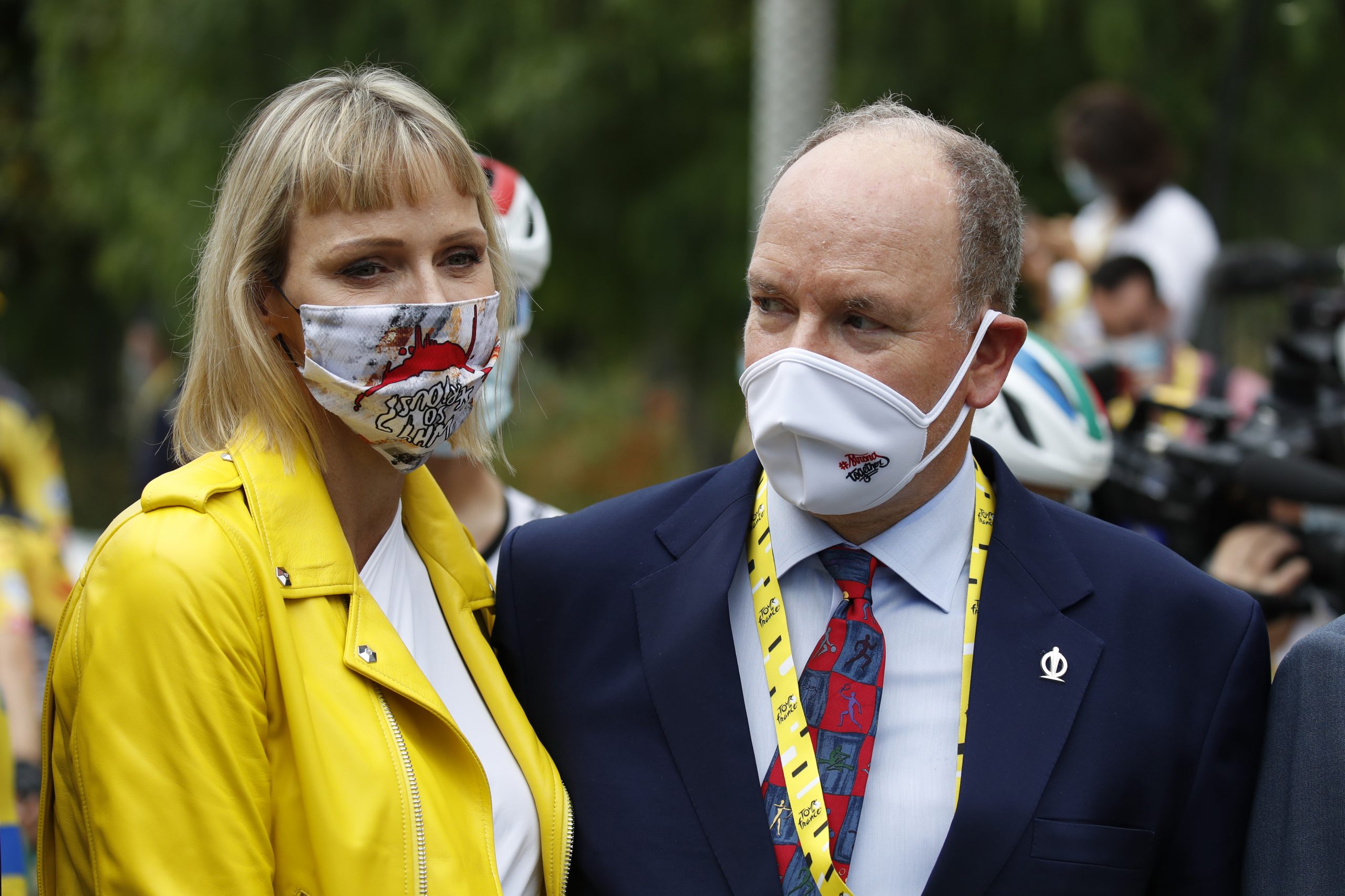 epa08633445 Prince Albert II of Monaco and his wife Princess Charlene attend the start of the 1st stage of the 107th edition of the Tour de France cycling race over 156km around Nice, France, 29 August 2020.  EPA-EFE/SEBASTIEN NOGIER