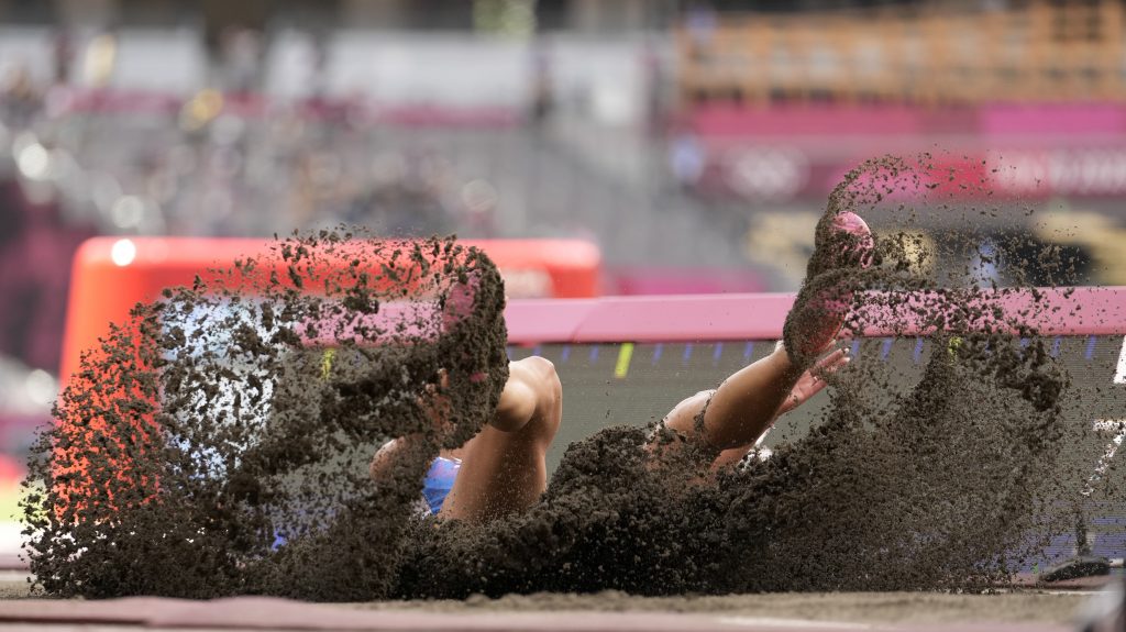 Ivana Spanovic, of Serbia lands in the pit as she competes in the women's long jump final at the 2020 Summer Olympics, Tuesday, Aug. 3, 2021, in Tokyo, Japan. (AP Photo/Martin Meissner)