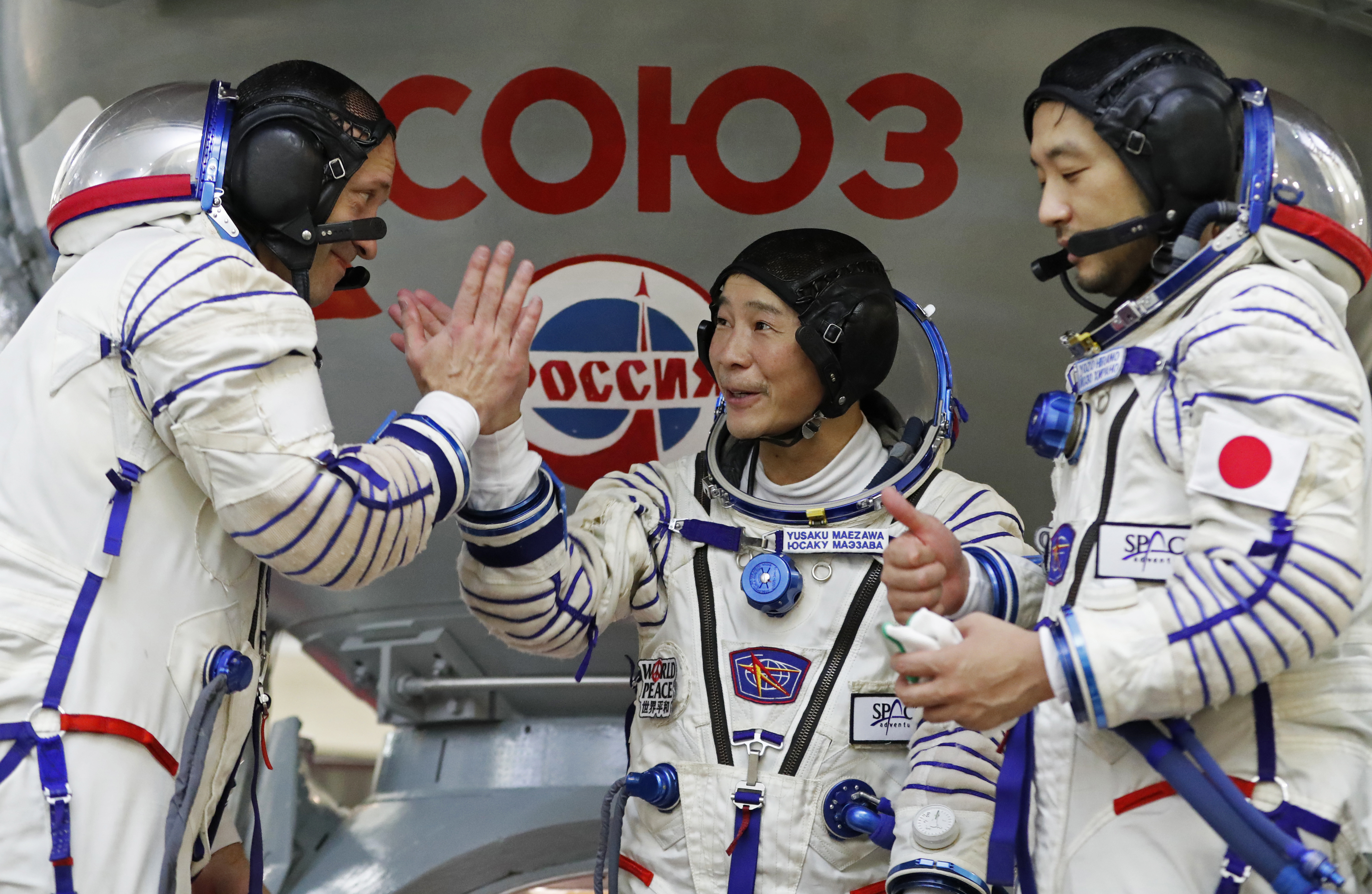 Space flight participants Yusaku Maezawa and Yozo Hirano attend a training ahead of the expedition to the ISS, in Star City