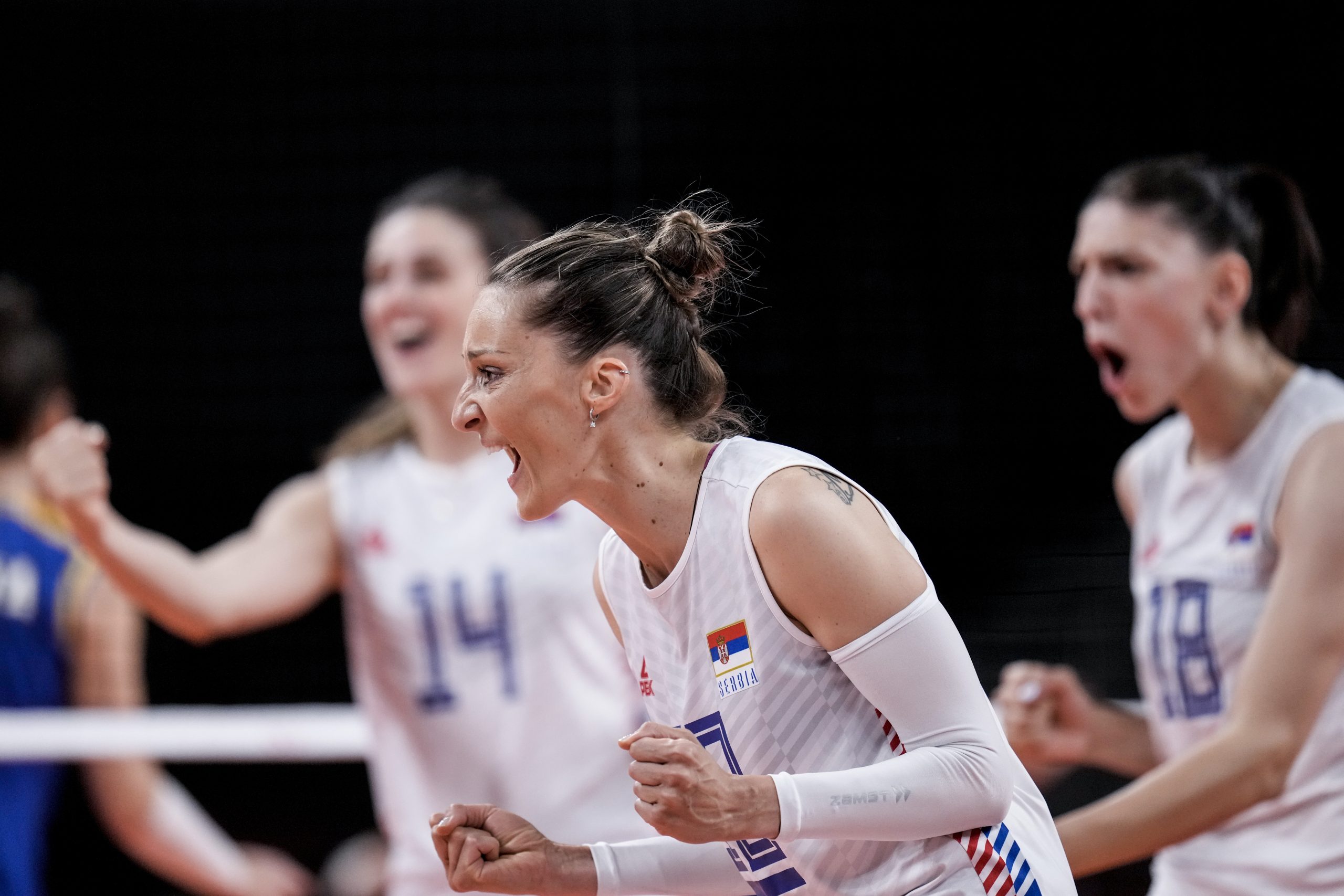 Serbia's Maja Ognjenovic celebrates a point during the women's volleyball preliminary round pool A match between Serbia and Brazil at the 2020 Summer Olympics, Saturday, July 31, 2021, in Tokyo, Japan. (AP Photo/Manu Fernandez)