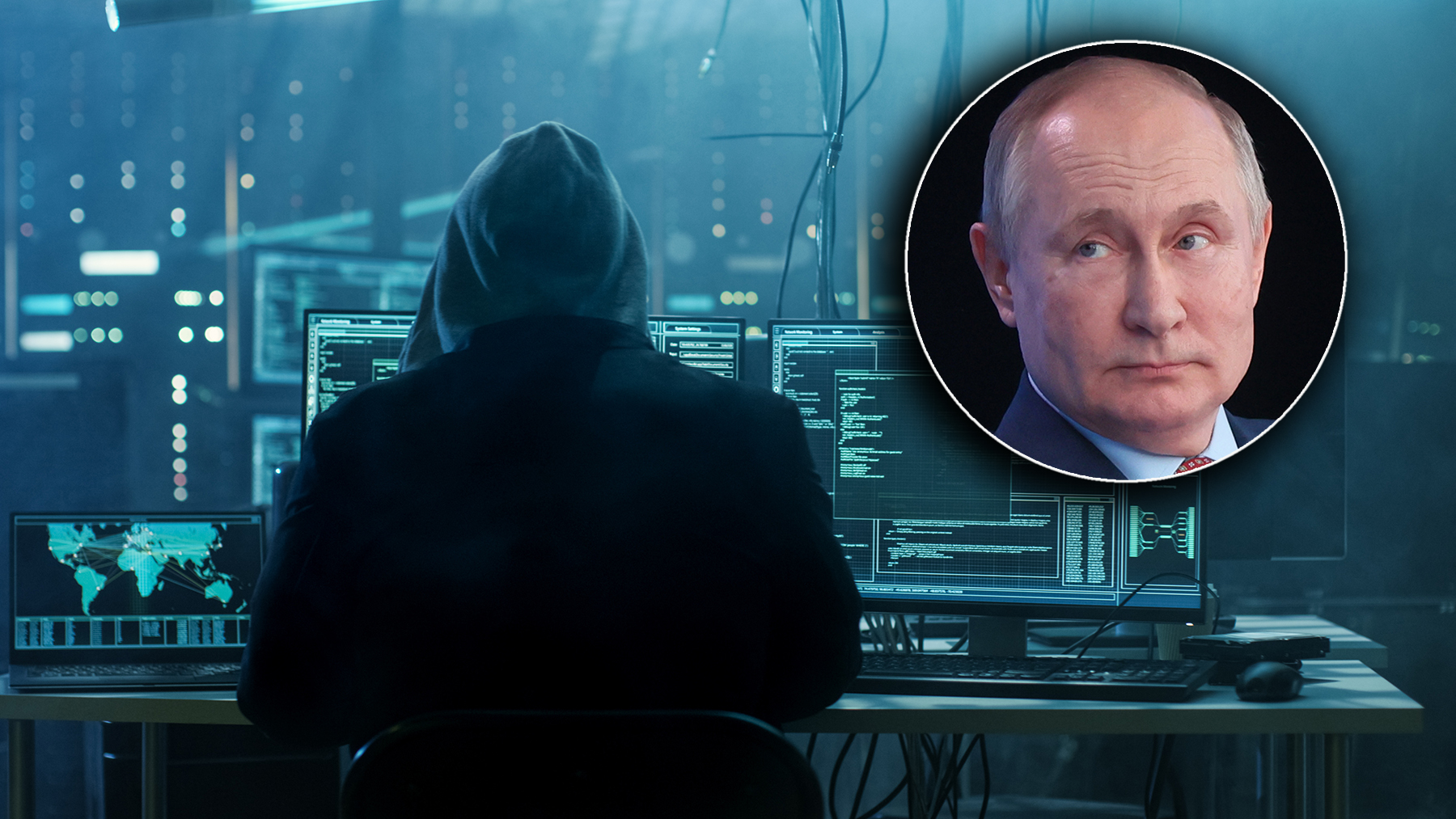 Dangerous Hooded Hacker Breaks into Government Data Servers and Infects Their System with a Virus. His Hideout Place has Dark Atmosphere, Multiple Displays, Cables Everywhere.