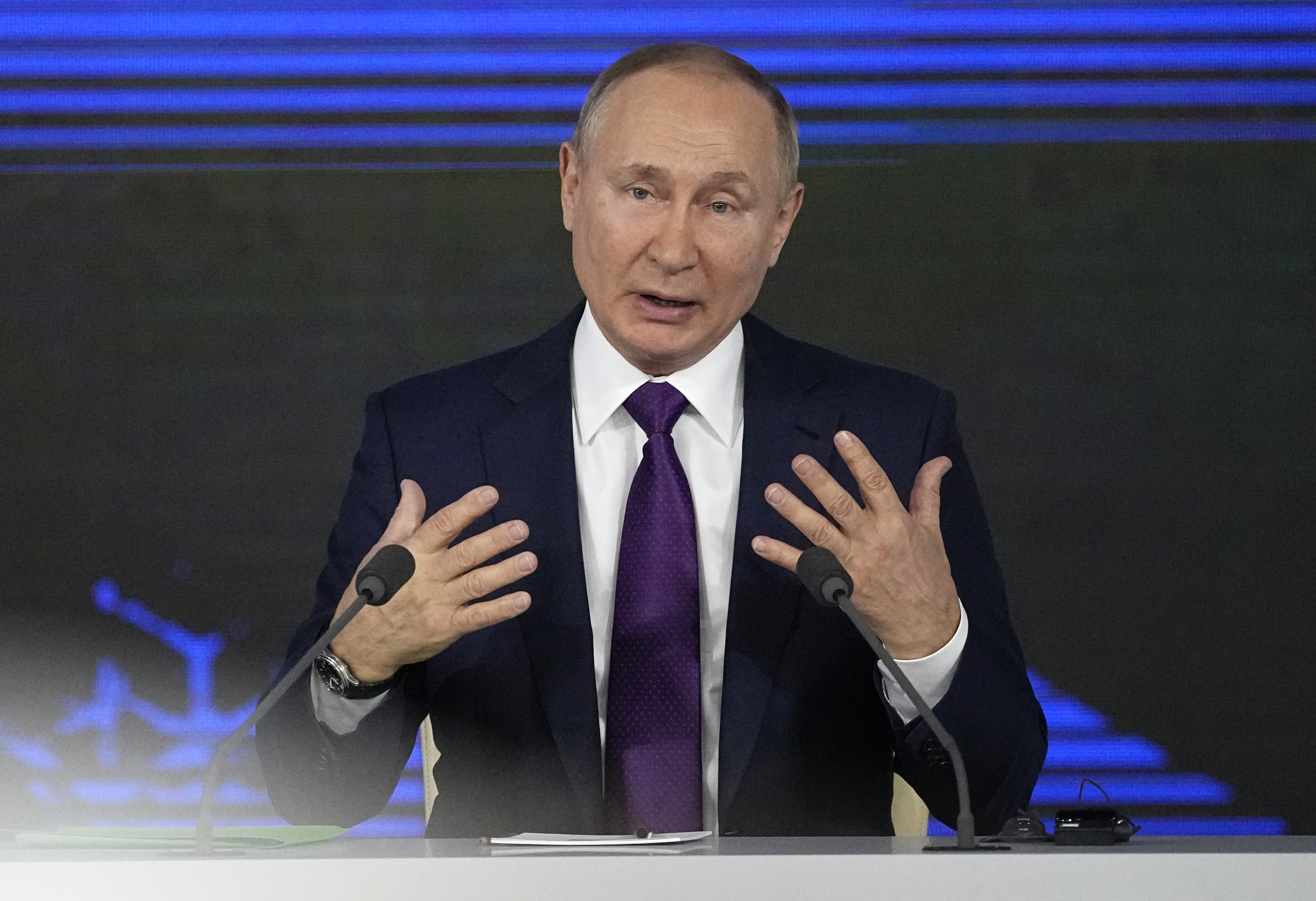 Russian President Vladimir Putin gestures during his annual news conference in Moscow, Russia, Thursday, Dec. 23, 2021. (AP Photo/Alexander Zemlianichenko)
